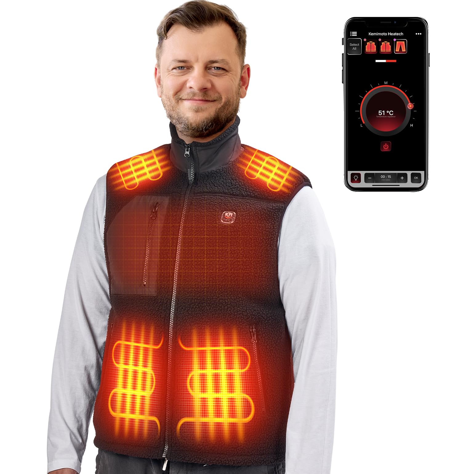 KEMIMOTO Heated Fleece Vest for Men with Battery Pack Included, Heated Vest by Voice and APP Temp Control for Skiing Hunting