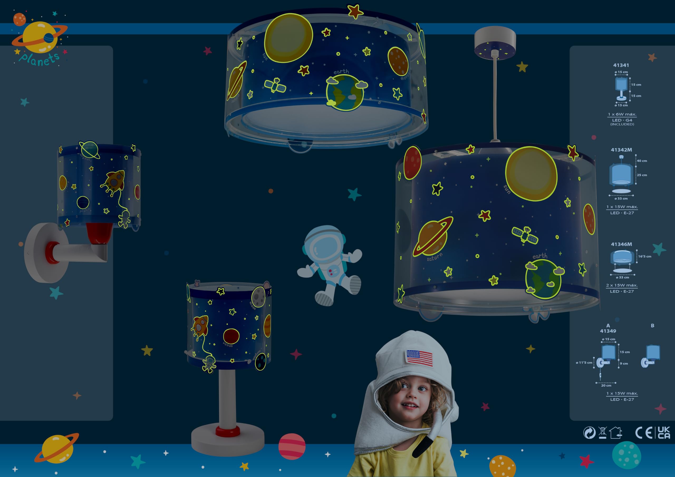 Dalber Lampe Suspension Plafonnier Enfants Planètes Système Solaire E27 Bleu