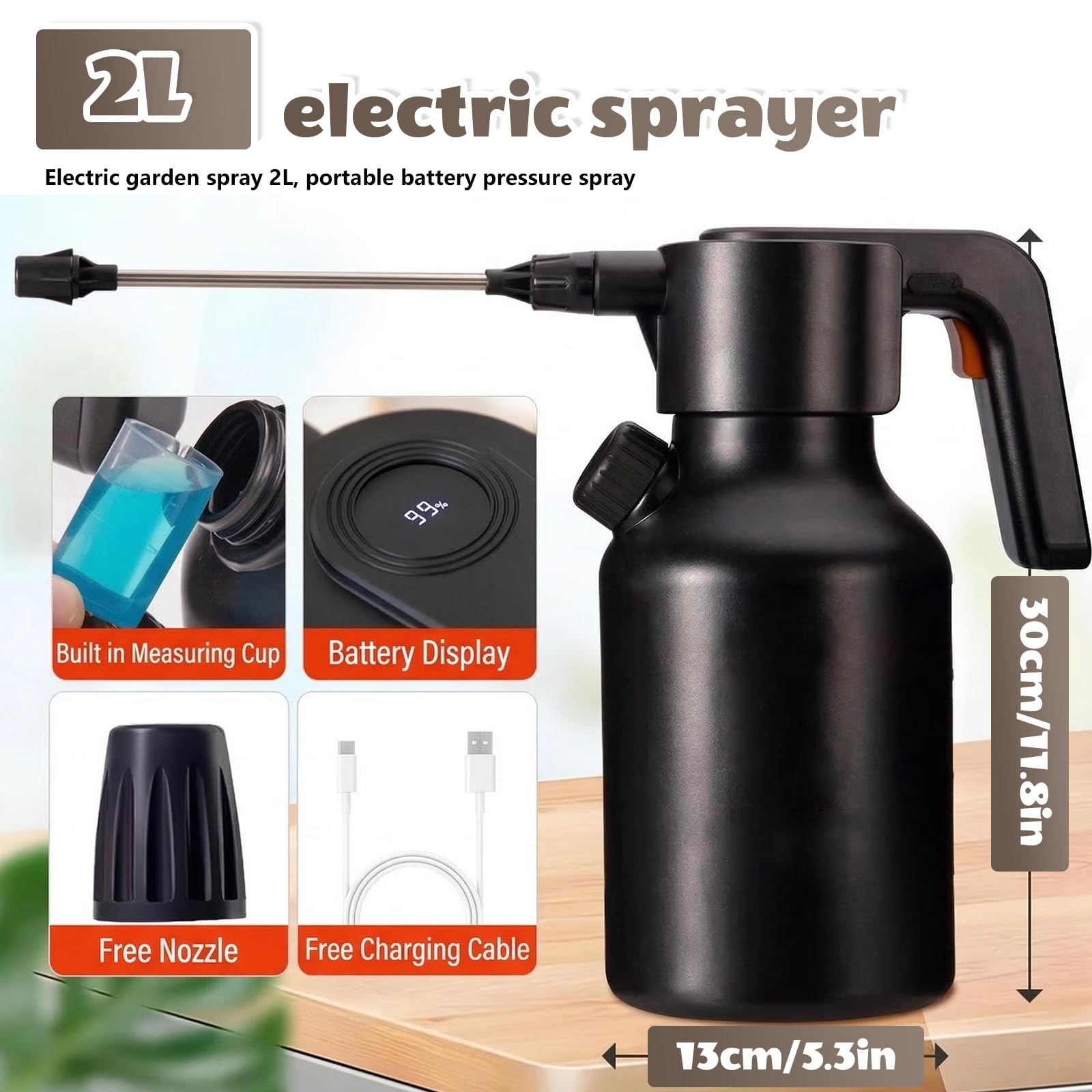 Spruzzatore elettrico Ricaricabile 2L: Spruzzatore A Pressione, Spruzzatori Da Giardino Elettrico con Ugello Regolabile E Tappo Dosatore per Piante, Pulizia, Auto