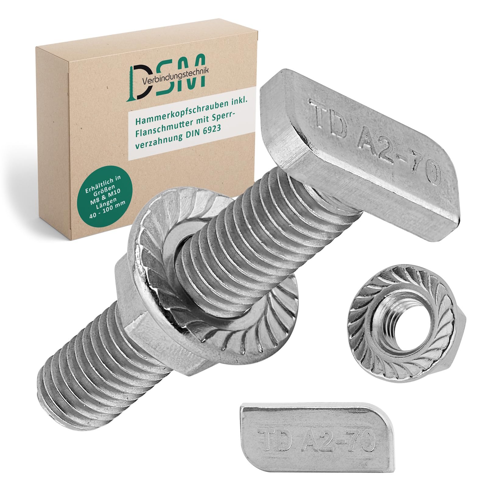 DSM – Tornillos de cabeza de martillo con tuerca de brida M10 x 50 mm – Tipo 28/15 – Acero inoxidable A2, resistente al óxido – Tuerca con dentado de bloqueo según DIN 6923 – Juego de montaje para