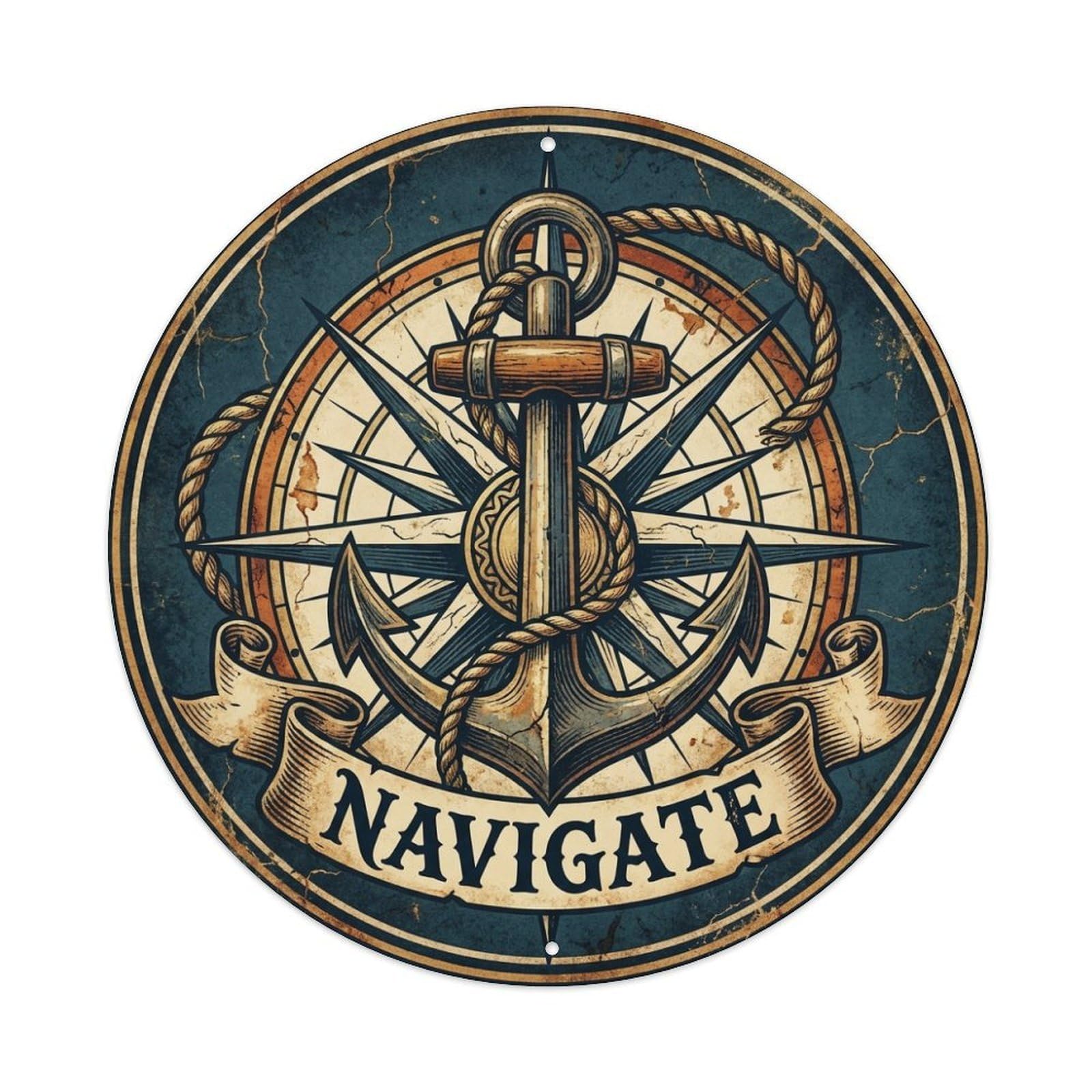 Navigate Anchor Compass Rope Nautical Motto Metal Tin Sign