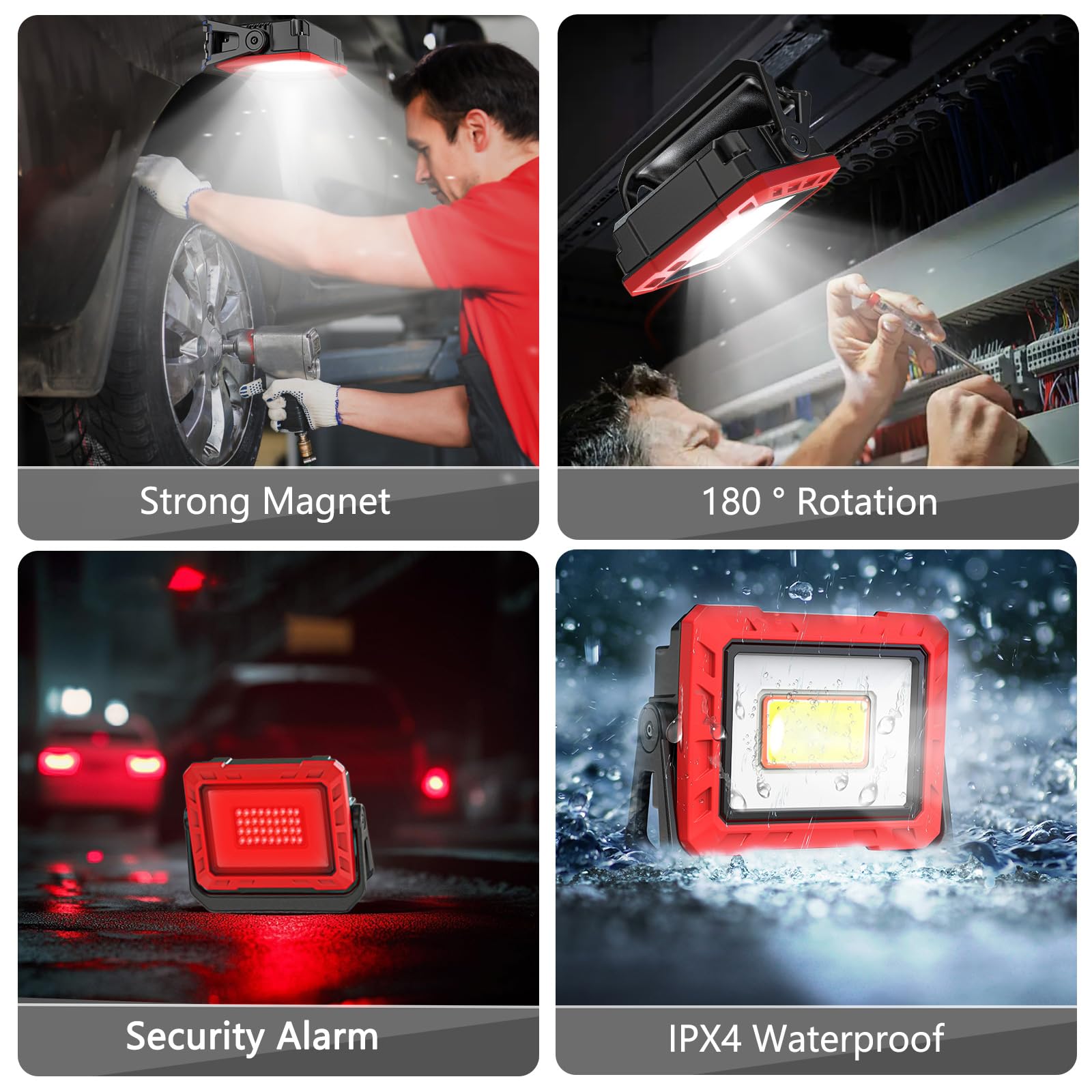 Lampe LED de travail, 2000 lumens, super lumineuse, inspection batterie, pied magnétique rotation 360°, garage atelier (1 Pièce)