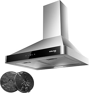 Gasland PR60SS Cooker Hood 60cm Recirculation, Quiet Cooker Hood Exhaust 488 m³/h Activated Carbon Filter, 3 Level Touch Control Wall Mounted Hood with Filter, Stainless Steel Silver Glass Screens