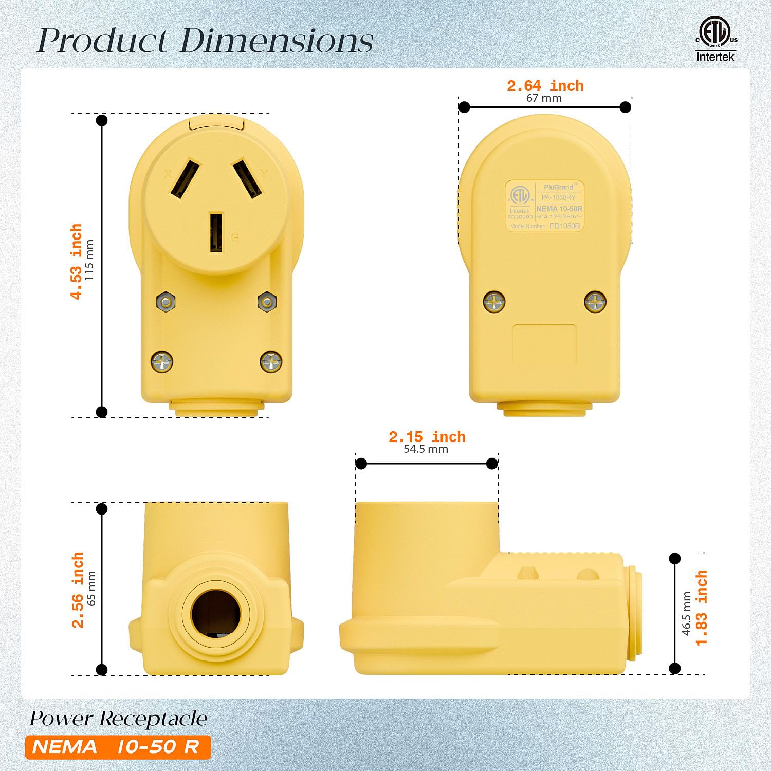 (2PACK) NEMA 10-50R Plug,10-50 50A/125/250V Female Connector, (ETL Certified) 50Amp 125/250Volt Cord End Socket, Female 50A Dryer Receptacle, Heavy Duty, Yellow.