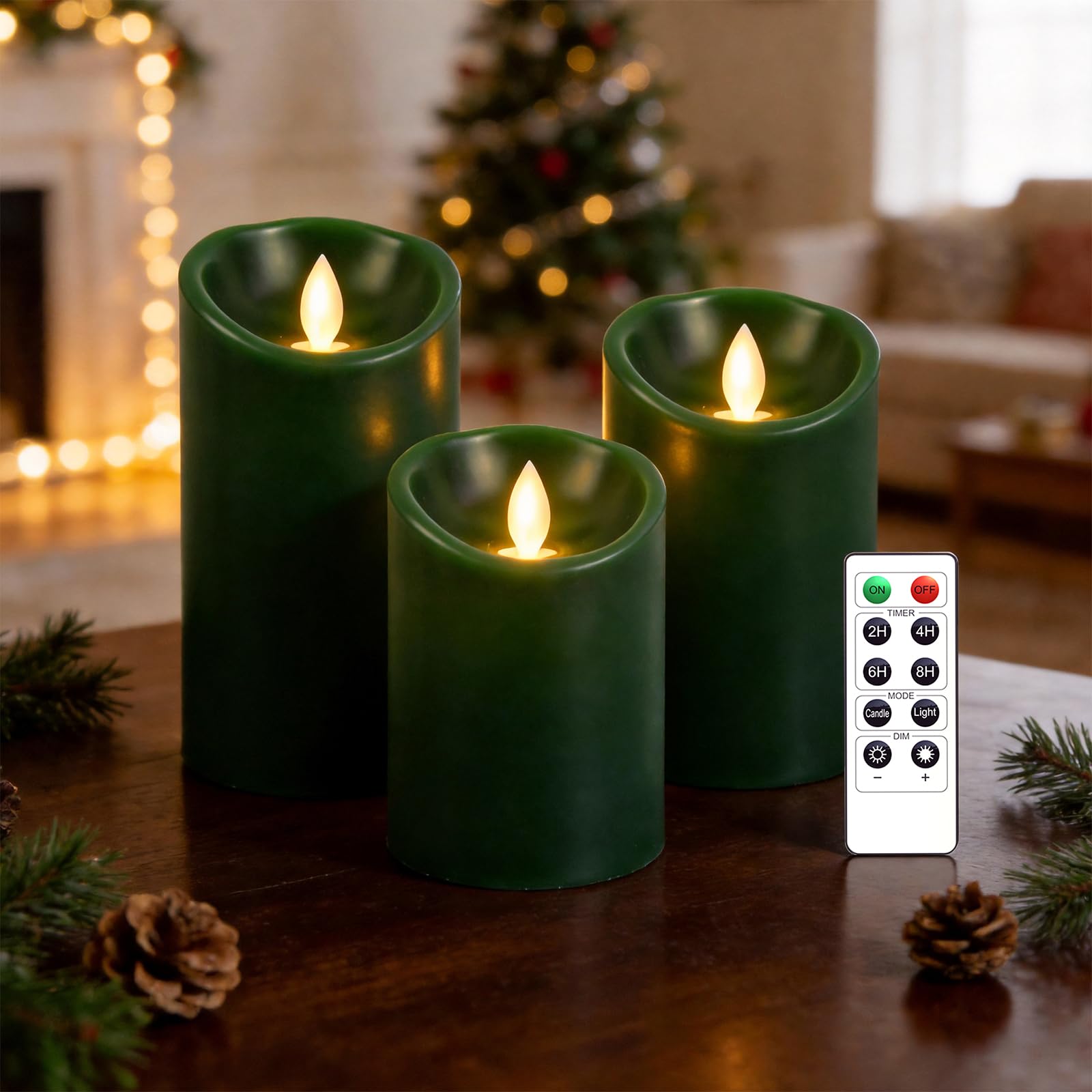 AnnSpa 3 Set LED Candle Battery Operated with 10-Key Remote Control and Cycling 24 Hours Timer, Flameless Real Wax Flickering Moving Wick Flickering Amber Party Garden Decoration - Green