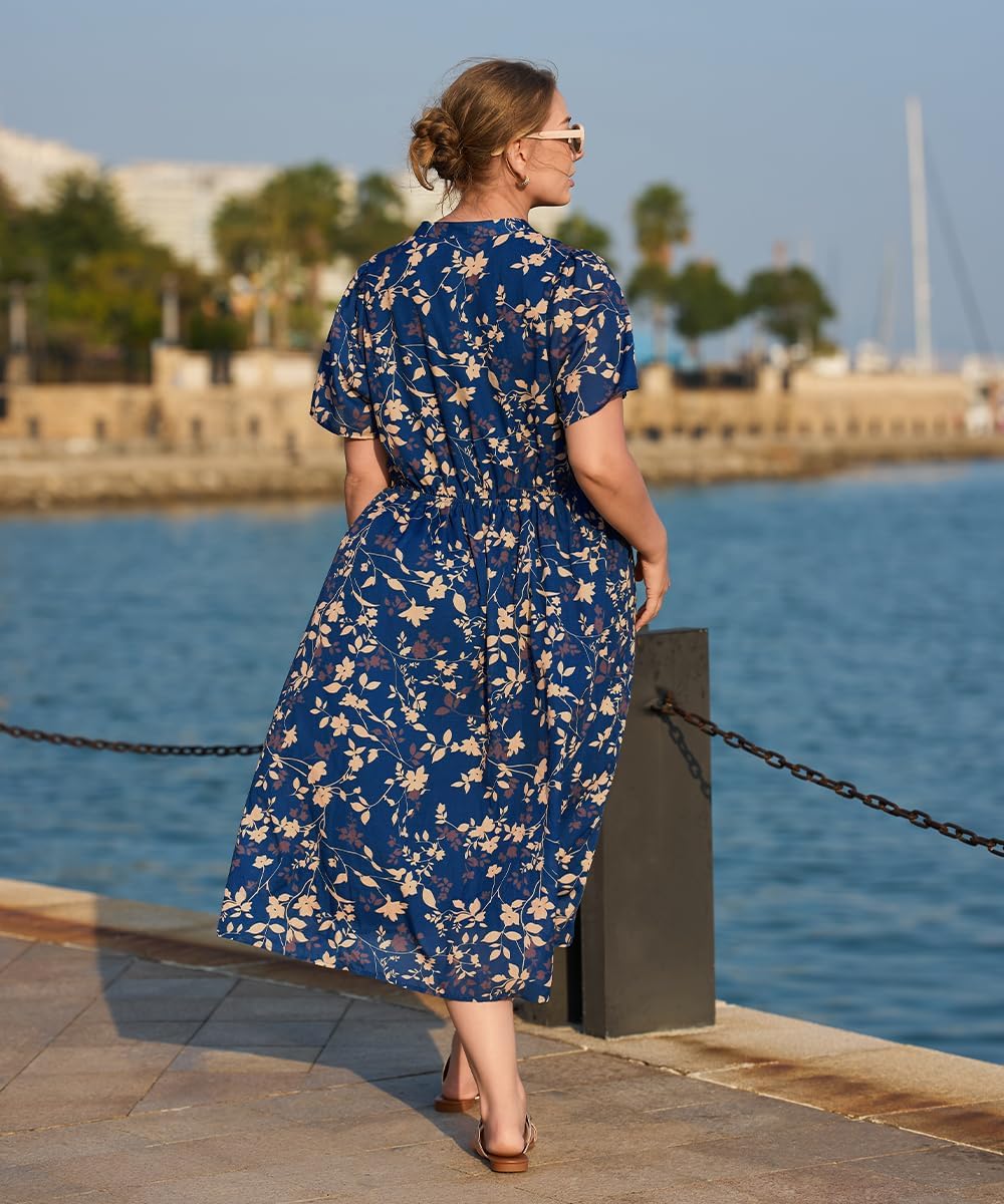 RITERA Plus Size Dresses for Curvy Women Floral V Neck Short Sleeve Party Midi Dress with Pockets XL-5XL - Image 2