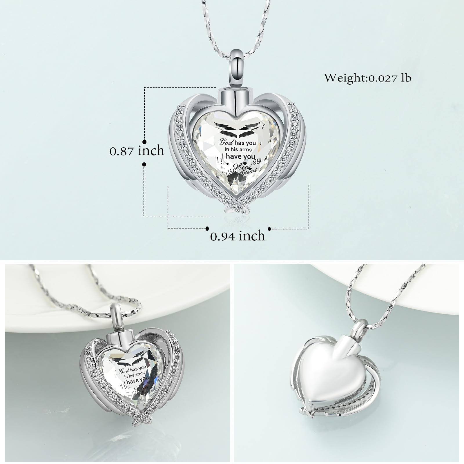 QGJNSGC Cremation Jewelry for Ashes Pendant Crystal Heart Urn Necklace with Mini Memorial Keepsake Urn Memorial Ash Holder for Women Jewelry (Silver-White-God) - Image 2
