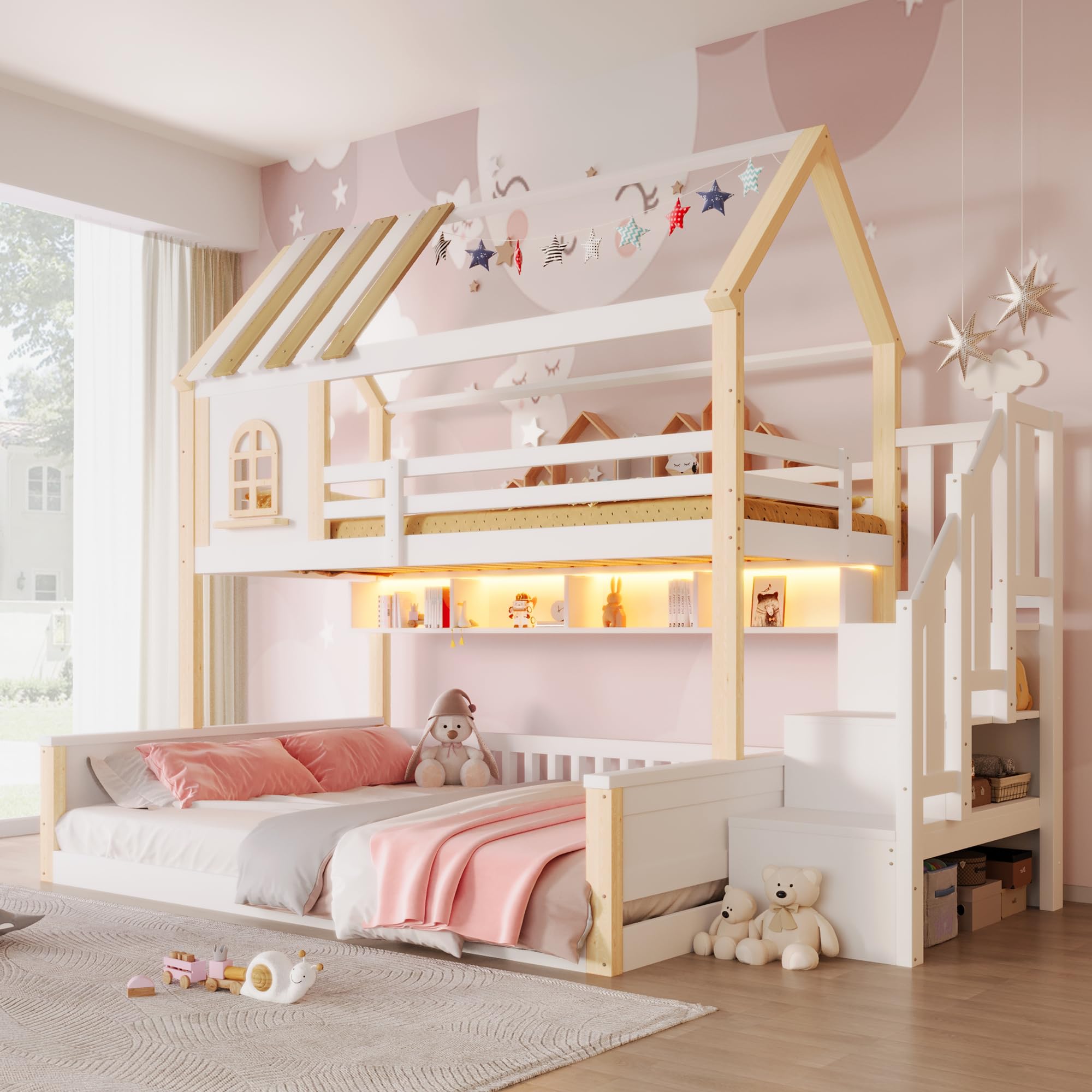 Litera de 90(140) x200 cm con LED y Diseño de Casa, Cama Infantil con Compartimentos Abiertos y Escalera Almacenaje, Cama Litera Matrimonio con Protección Anticaída, Sin Colchón, Blanco+Natural