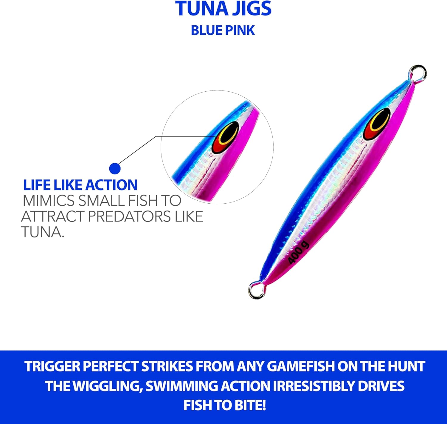 6" Tuna Jig 400g, 3 Pcs Blue Pink Zebra Glow, Saltwater Fishing Lure, for Deep Sea Jig Fishing & Offshore Trolling, Ideal for Tuna, Bass, Salmon & Halibut