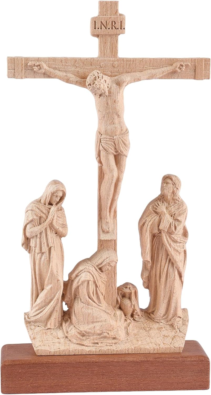ASTARIKO Wooden Standing Crucifix with Dark Wooden Base - 10.8" Hand-Carved Catholic Table Jesus Cross, Altar Calvary Scene, Religious Home Decor & Gifts (Natural)