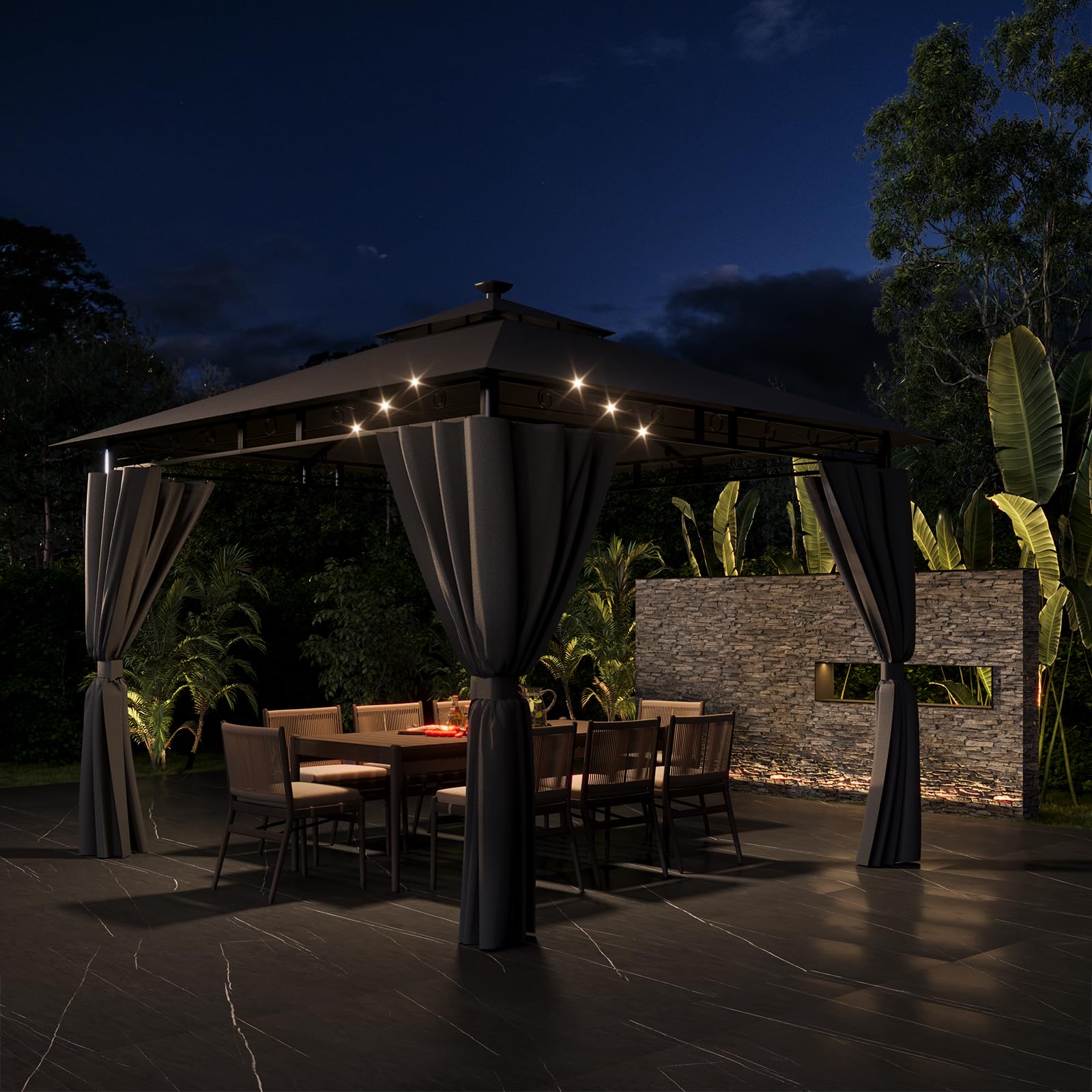 Devoko Gazebo 3x3m con Luce LED Impermeabile UV50+ Doppio Tetto Tenda da Giardino per Famiglie Grigio