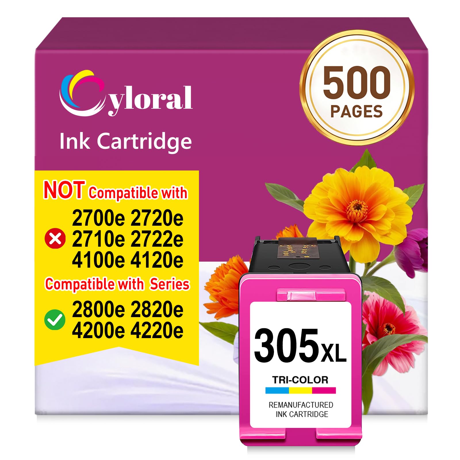 Cyloral 305XL Ink Cartridge for HP 305XL DeskJet 2800e 2820e 4220e 4200e 2810e 2821e 2822e 2823e 4210e 4222e 4230e Printer Ink for HP 305 XL Color Cartridge