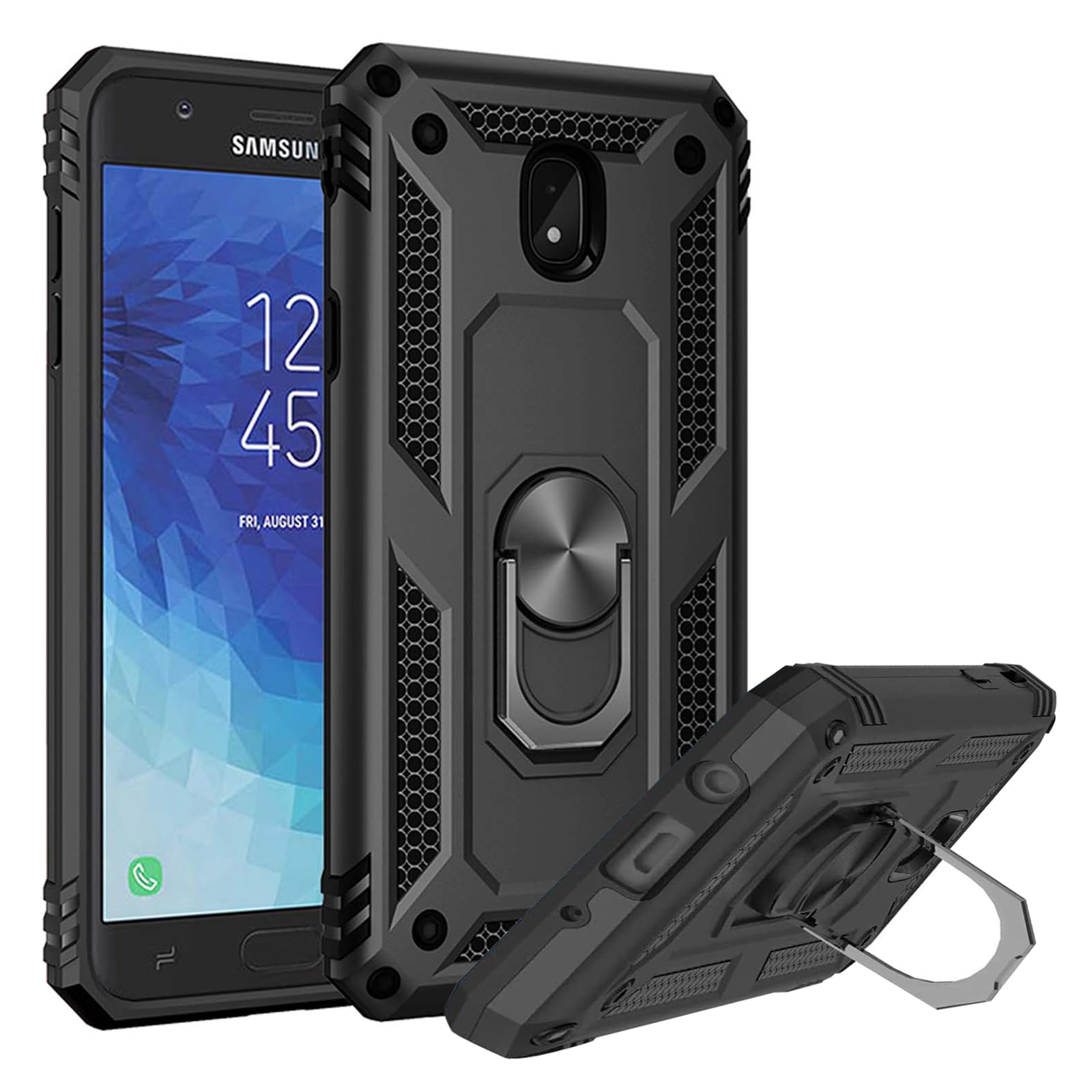UniSpgGalaxy J7 2018 Case, Samsung J7 Aero/J7 Top/J7 Crown/J7 Aura/J7 Refine/J7 Star/J7 Eon Case with Ring Holder Kickstand Car Mount Military-Grade Protective Shockproof Heavy Duty Cover - Black