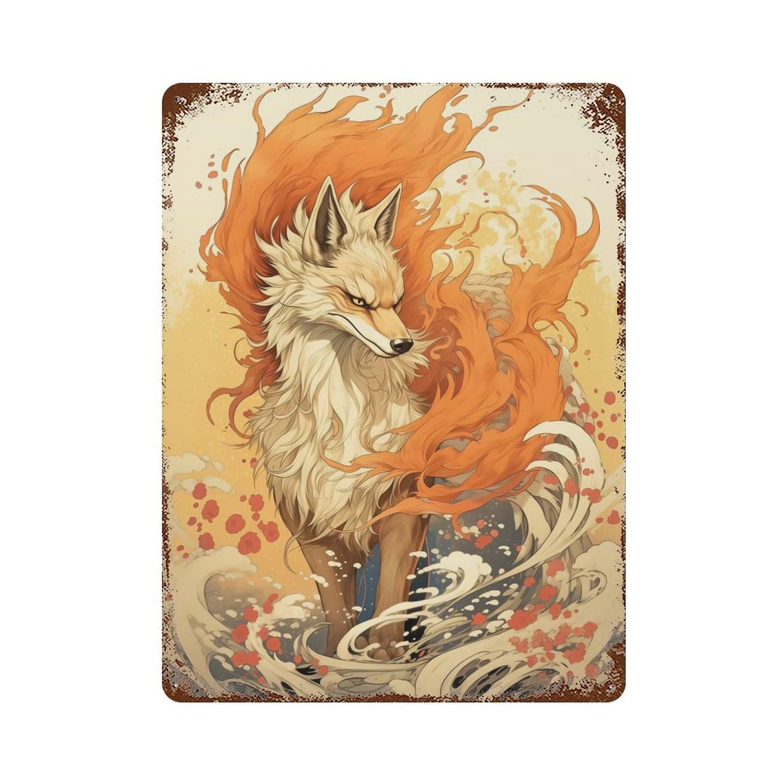 Rust Effect Dance of The Kitsune Fox Aged Metal Wall Plaque 15.7"x11.8", Shabby Chic Decor for Living Room, Hallway And Home Decor
