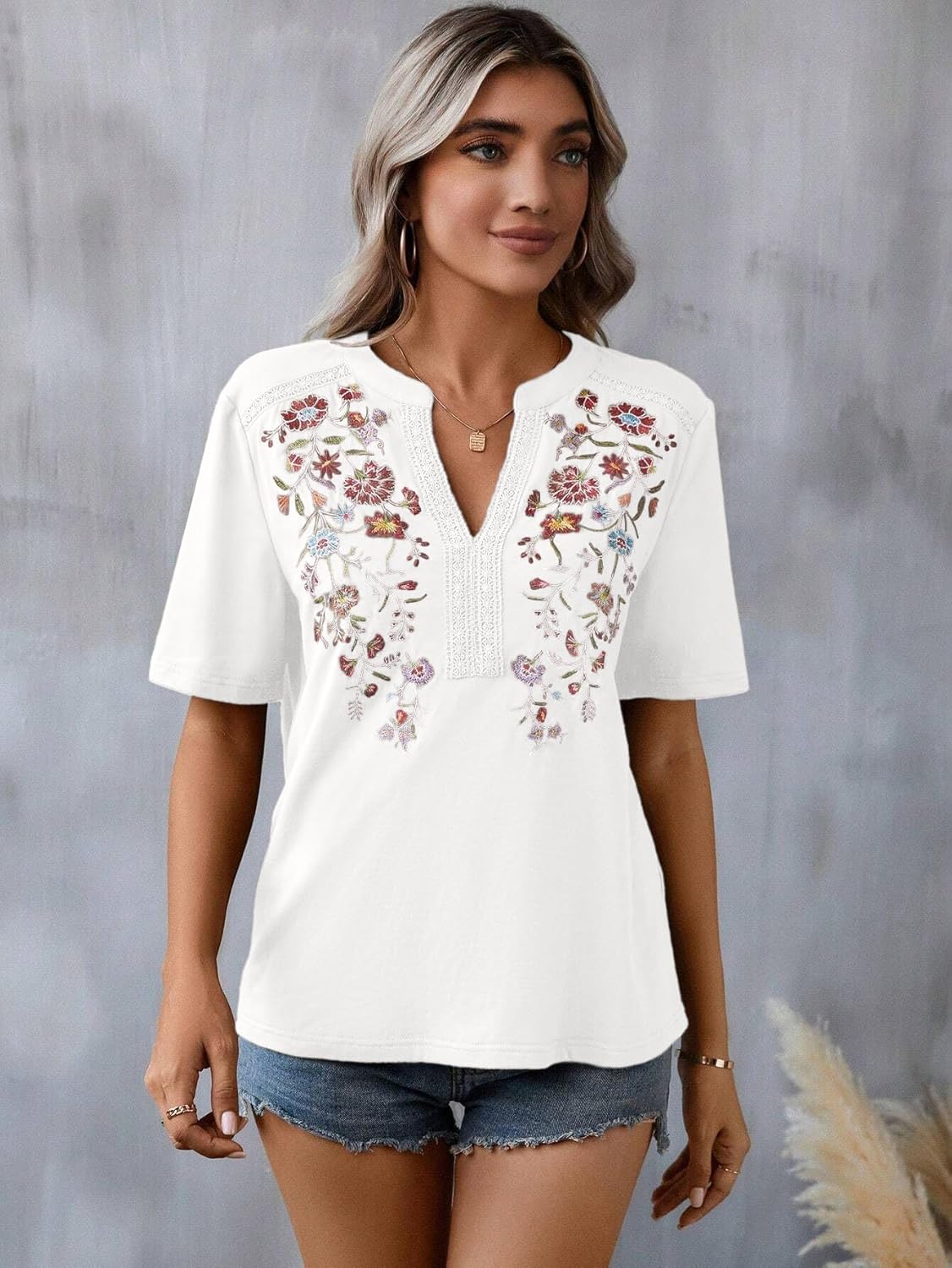 Mexican Shirts for Women Embroidered Tops Traditional Summer Blouse Floral Tunic V Neck Short Sleeve T Shirt White - Image 2
