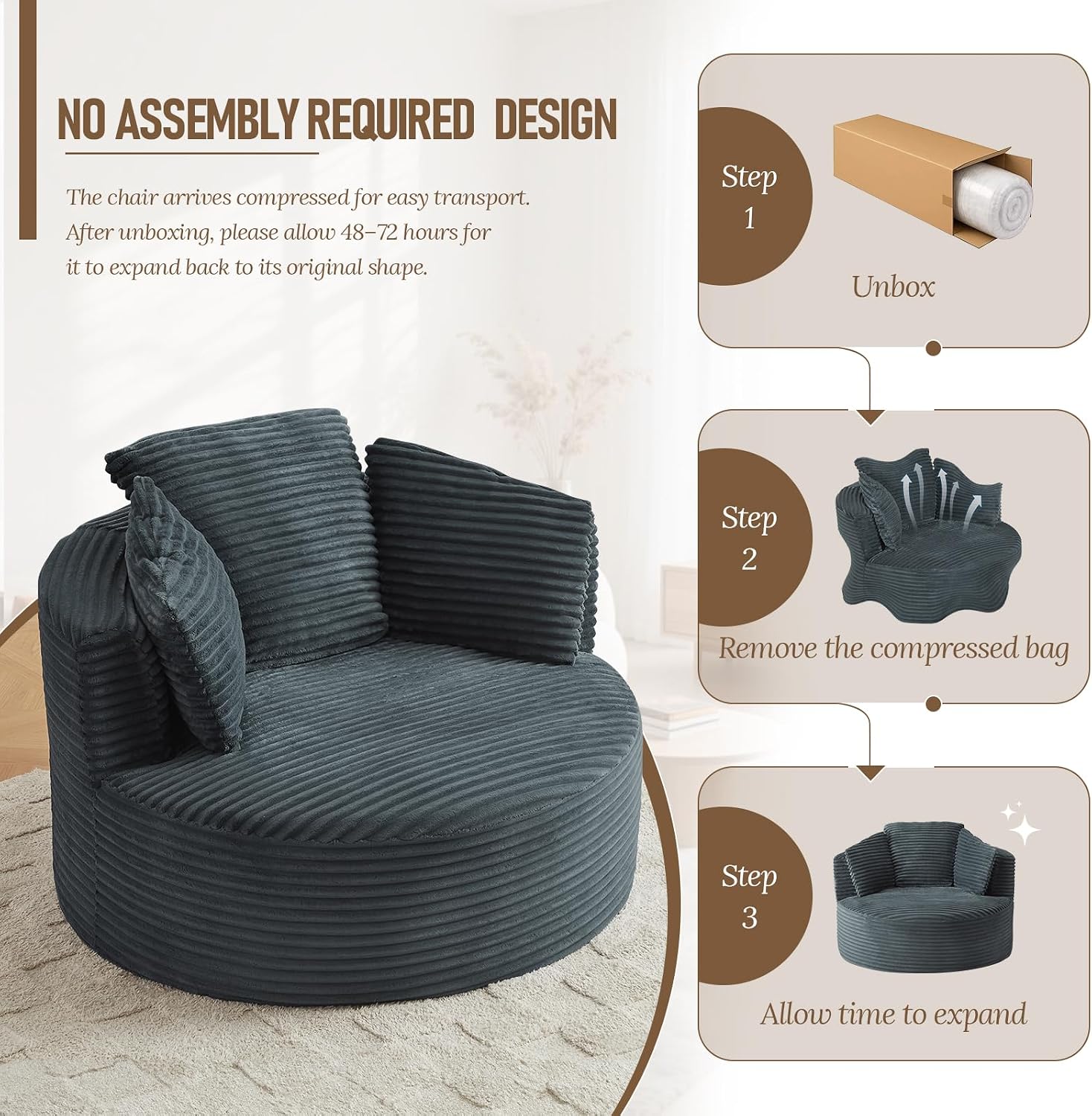 Round Chair Lounge Chaise Indoor, 48.8" Oversized Sofa Chair Upholstered Corduroy Deep Seat Sleeper Sofa Bed No Assembly Required for Living Room, Bedroom Apartment, Dark Gray