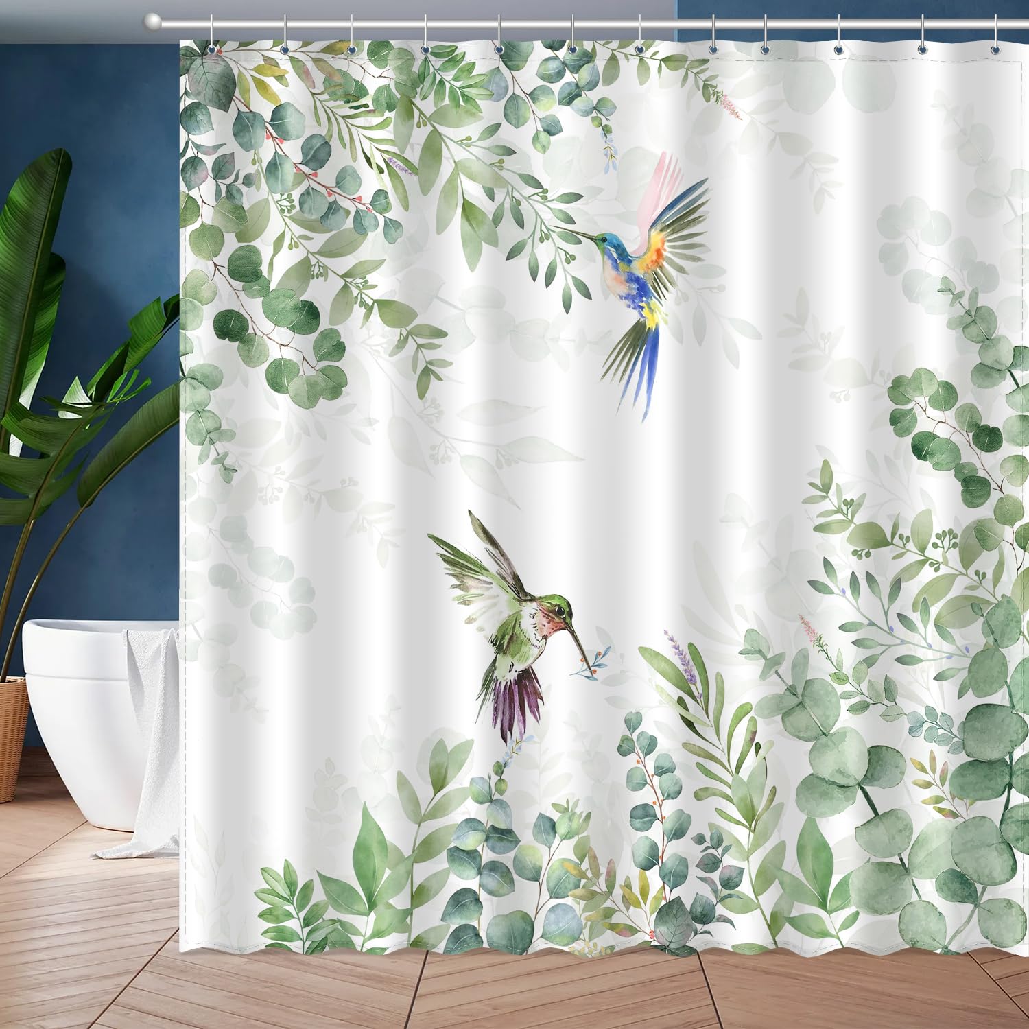 Hummingbird Sage Green Eucalyptus Leaves Shower Curtain, Spring Summer Botanical Floral Bird Home Bathroom Decor, Polyester Cotton Fabric Waterproof Modern Bath Curtain with 12 Hooks 72x72 Inch