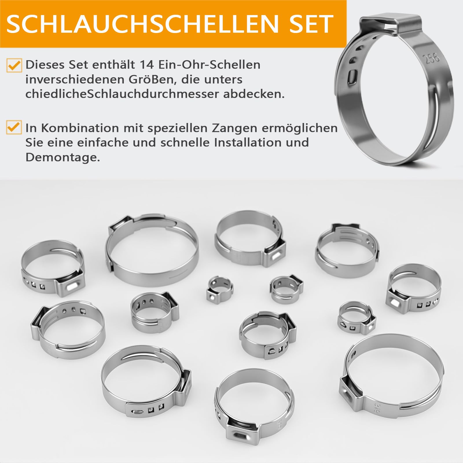 160PCS Einohr Schlauchschellen Set aus Edelstahl Schlauchklemmenzange – 14 Größen (5,3–33,1 mm) für Auto, Haushalt, Garten & Sanitär