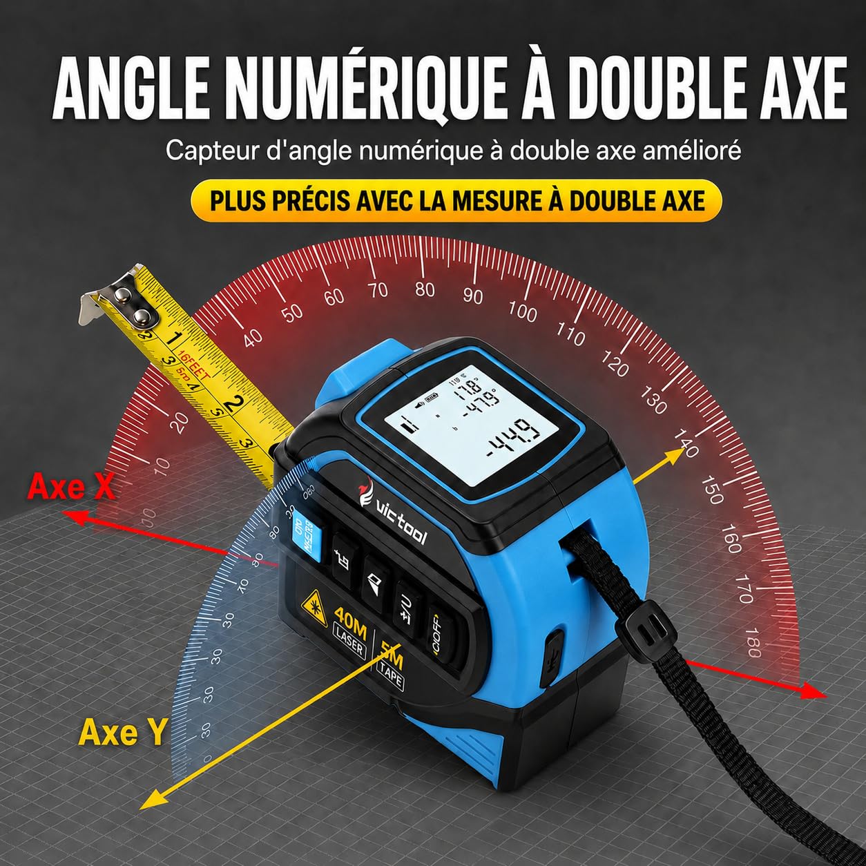 Ruban à Mesurer Laser 4 en 1, 40m Telemetre Laser + 5m Metre Ruban, 16m Ligne Croisée et Trépied, Grand Écran LCD (m/ft/in), pour Bricolage, BTP, Professionnels