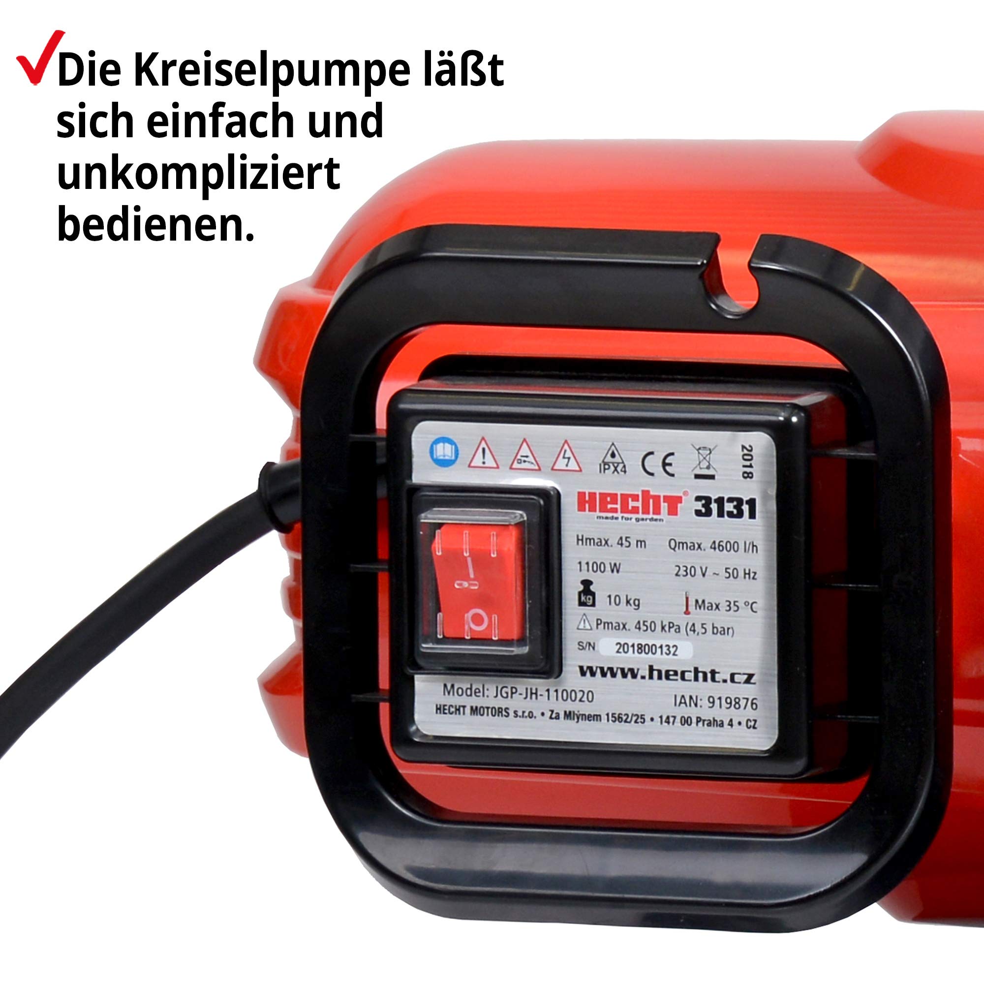 HECHT Kreiselpumpe – leistungsstarke Wasserpumpe mit 1100 Watt (230V), max. 4,5 bar Druck, 4600 l/h Förderleistung, Filter, fördert Wasser in Haus & Garten von Brunnen oder Zisterne - Gartenpumpe
