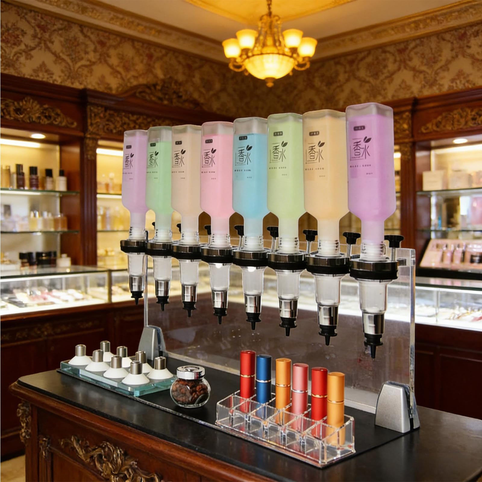 Ręczny dozownik perfum, maszyna do napełniania perfum z głowicami pompowymi, kubkami do testowania zapachu, pojemność butelki 200 ml, głowice pompowe i kubki do perfumerii Studio Bar (8heads)