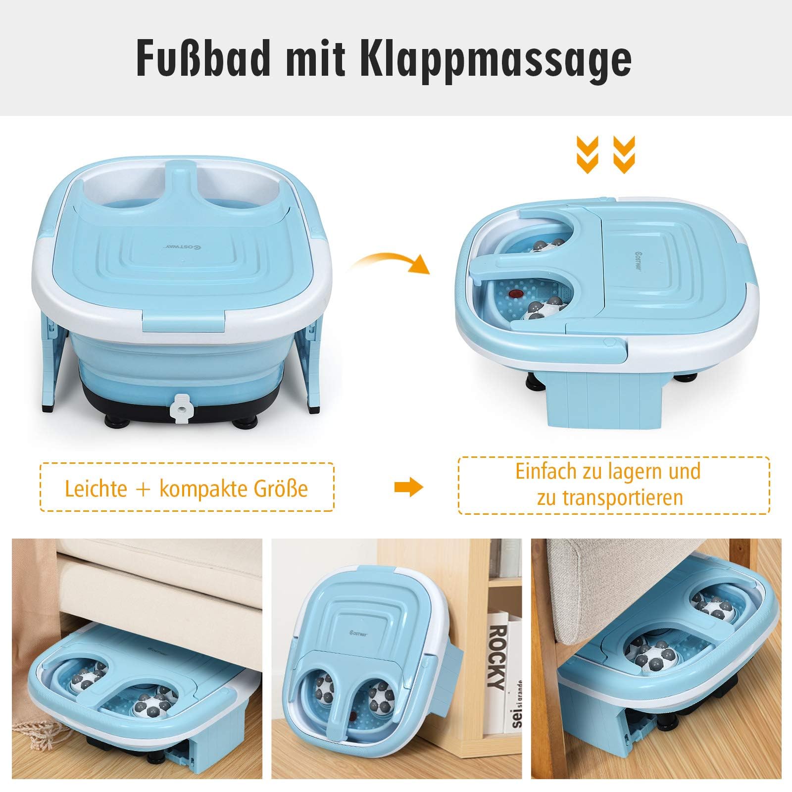 FANTASK Elektronische Fußbadewanne, Fußmassagegerät klappbar mit Heizung, Max. 48°C, 10-60 Min Timer, Multifunktionales Fußbad mit Sprudelfunktion & Infrarotlicht, inkl. Fernbedienung, 500W (Blau)