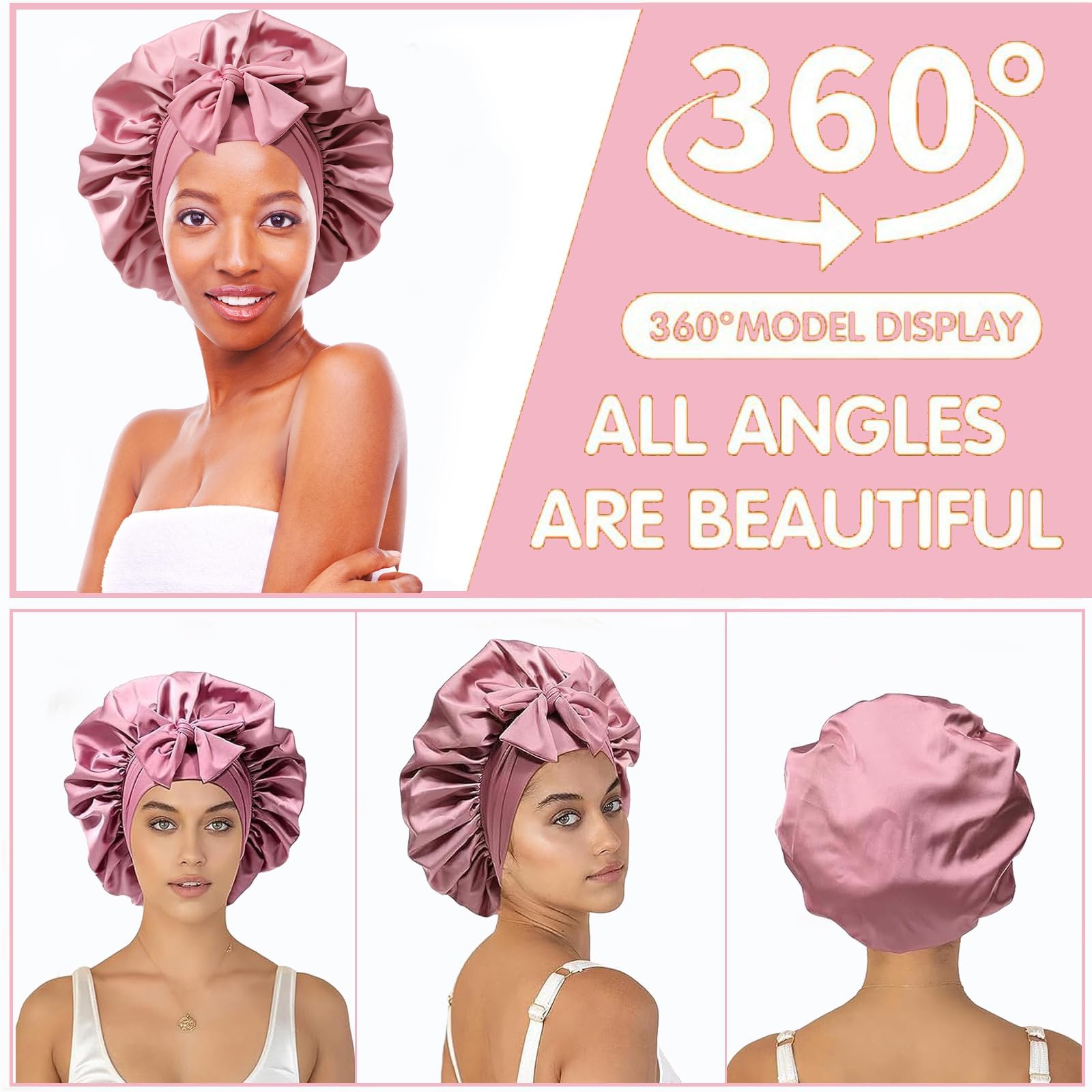 Bonnet de sommeil en soie pour femme - Réglable - Double face - Réglable - Double face, Poudré