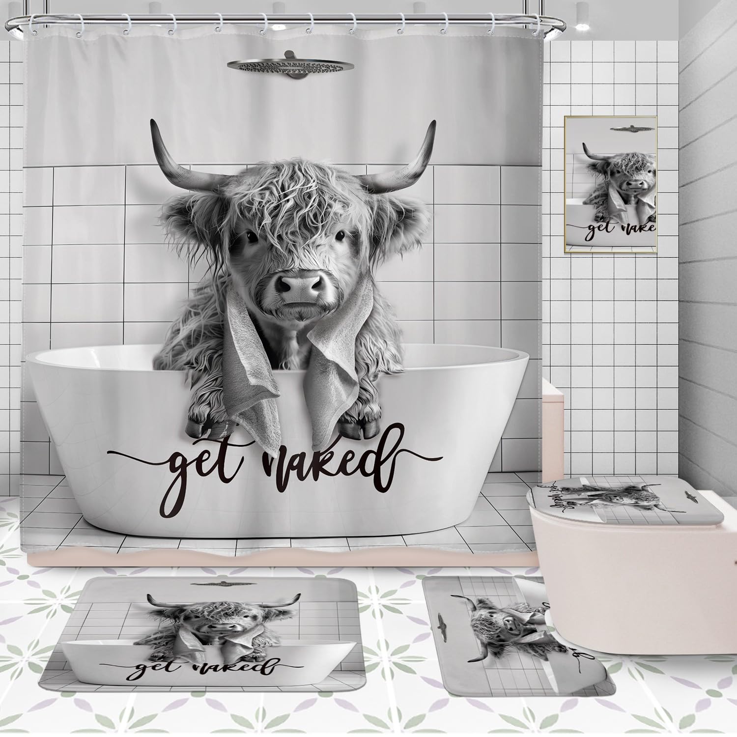 Funny Highland Cow Shower Curtain Set - Western Bathroom Decor -5