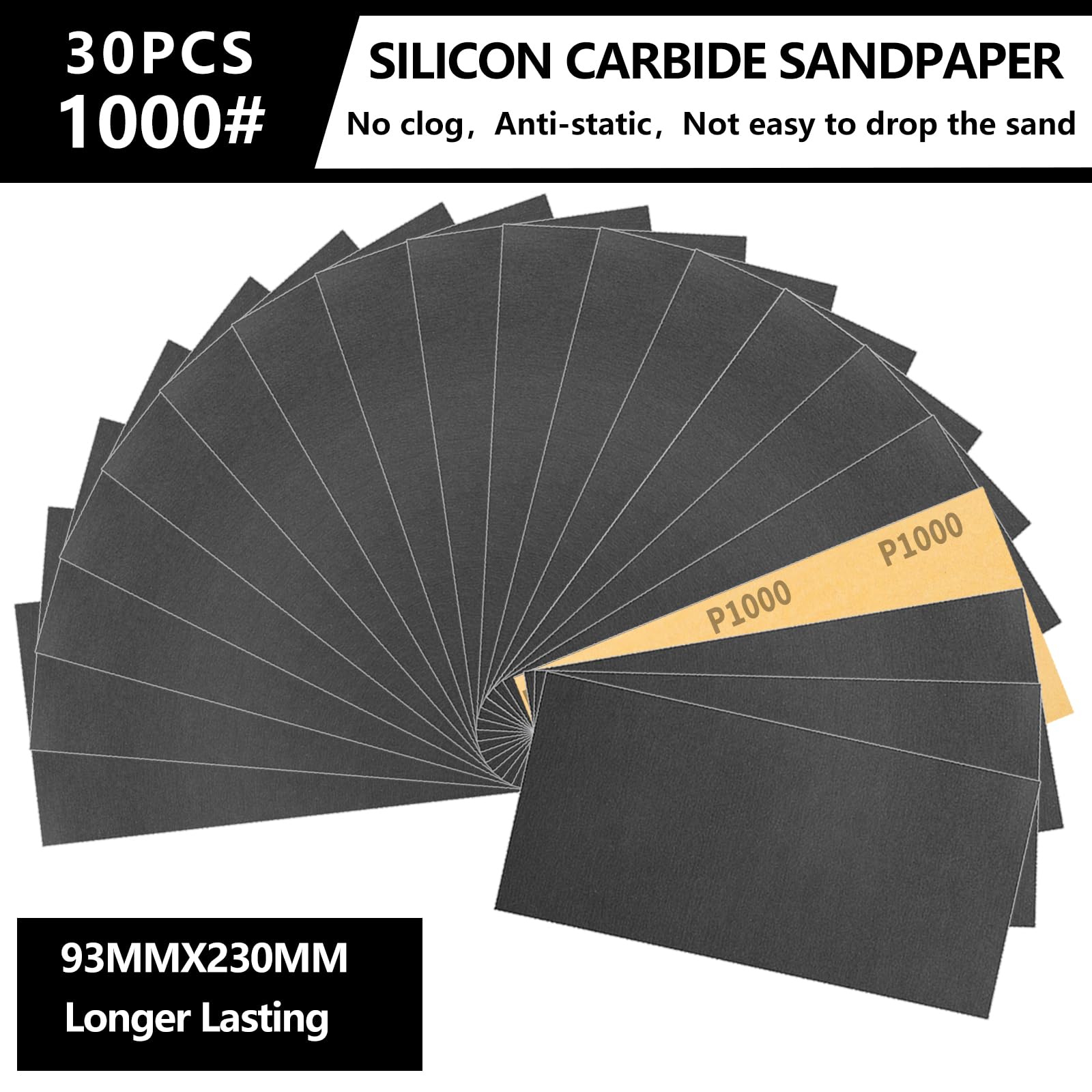 Sruhrak 30 Pezzi Carta Abrasiva 93x230mm Impermeabile Carta Vetrata Grana 1000 Levigatura per la Lucidatura Fine di Legno, Metallo, Resine e Plastica