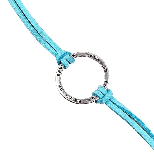 April Sexual Assualt Awareness SAAM, Reversible NO MORE Stamped Sterling Silver Infinity Circle Wrap Bracelet, Aqua Teal Adjustable Faux Suede