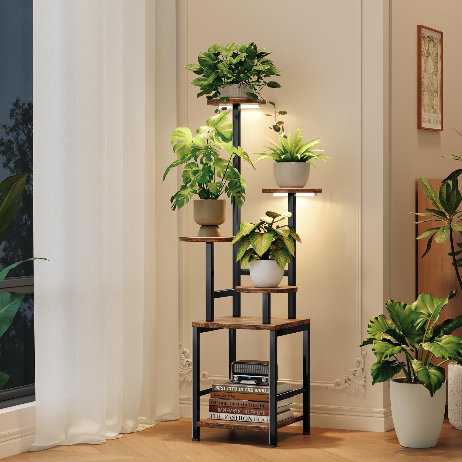 Homsorout Round Plant Stand Indoor with Grow Light, 5-Tiered Tall Plant Stand Indoor, Metal Plant Shelf with Adjustable Light, Ideal for Living Room, Garden, Patio (Black Brown)