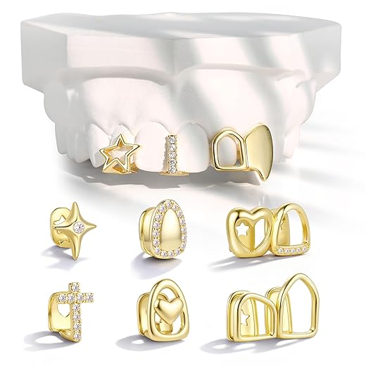 9Pcs 18K Gold Plated Grillz Teeth Caps for Women Men Fake Tooth Cap Grill Dental Jewelry Kit for Teeth Mouth Hip Hop Vampire Halloween Party Single Grillz with Molding Bars Star Fang Heart