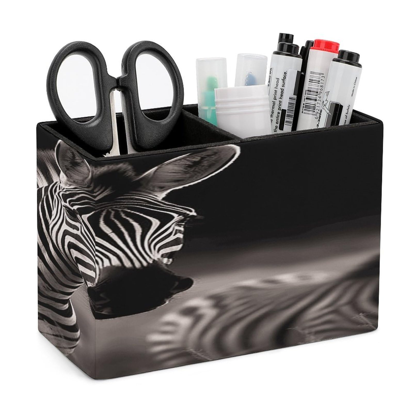 VstaDank Wild Animals Zebra Pen Holder Double Compartments Pen Cup Fashion Makeup Brush Holders Leather Pencil Holder for Work Locker Accessories Modern Pencil Cup for Desk Organizer
