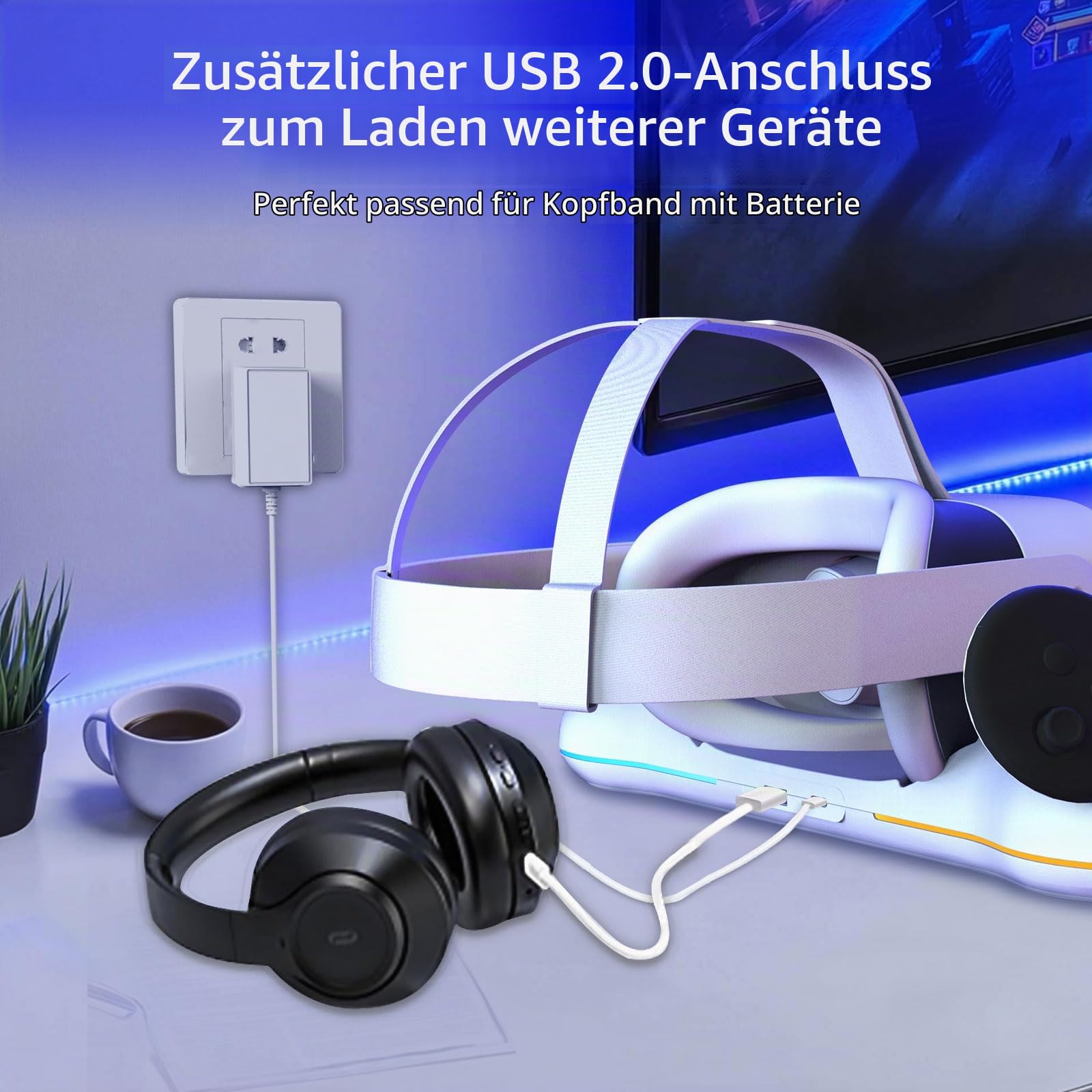 Ladestation für Meta Quest 3/3S/2, Magnetische VR-Station mit Schnellladung, USB-Ausgang, RGB-Beleuchtung, 2 wiederaufladbare 2100mAh-Batterien, Zubehör für Oculus Quest Headset und Controller
