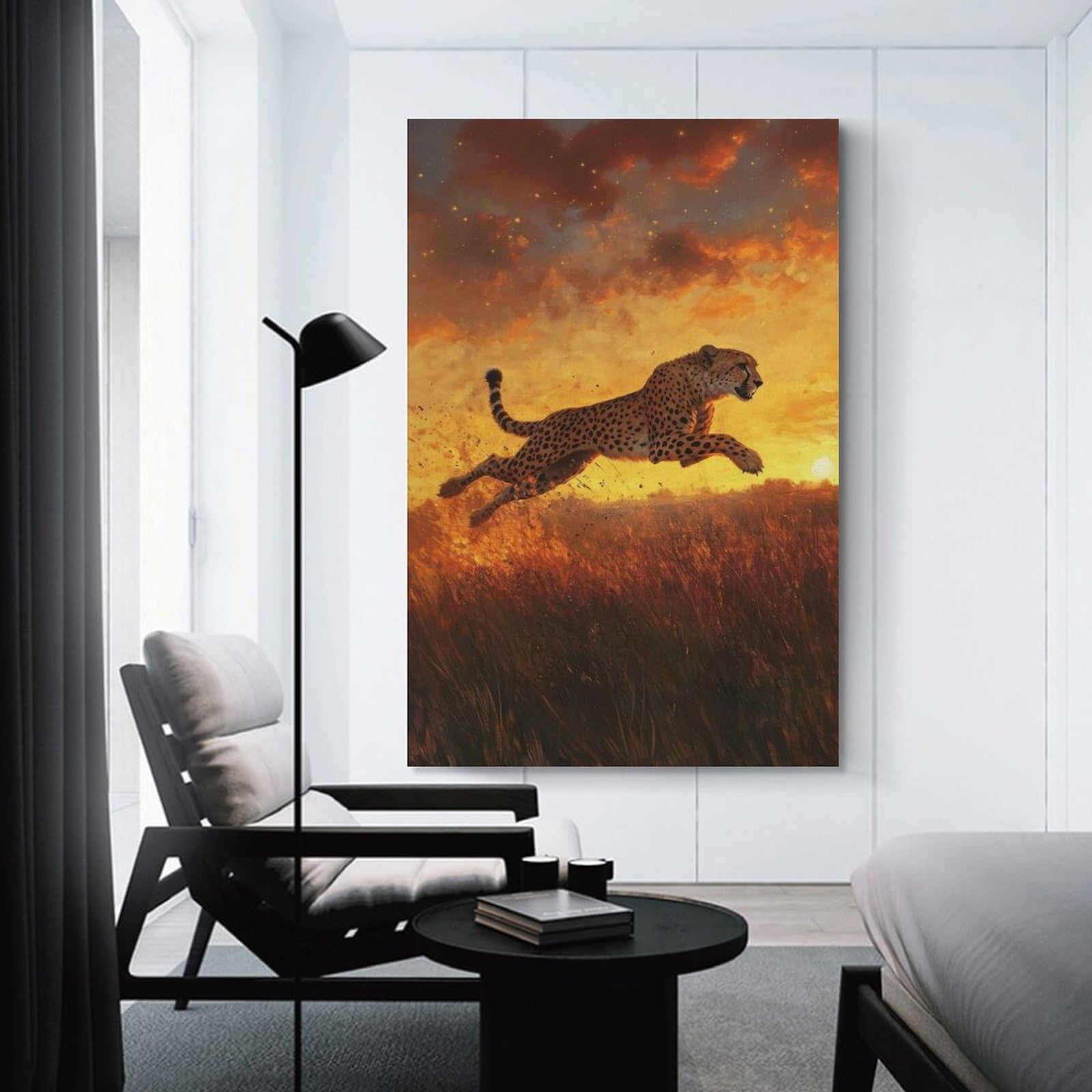 Junmoney Unframe-Style-23 Decorative Wall Artwork Cheetah Leap At Sunset, 20X30inch(50X75cm), For Contemporary Homes, Apartments Or Offices, An Easy Choice For New Home Styling