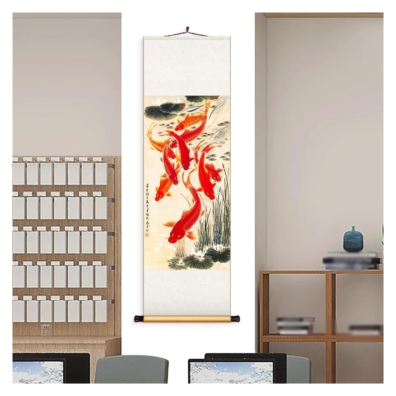 Chiński obraz z dziewięcioma rybami, ręcznie robiona sztuka wisząca na jedwabiu, orientalny mural Feng Shui, pomysł na kreatywny prezent(Creamy White A,50L x 158W cm)