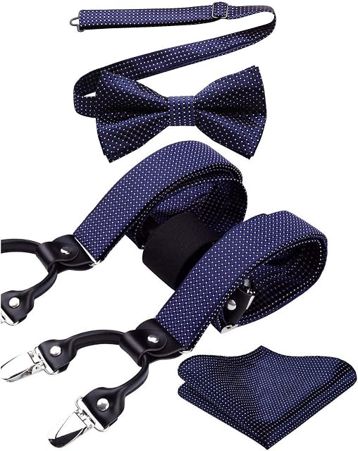 HISDERN Mens Braces Paisley Suspenders with 6 Strong Metal Clips Adjustable Y Shape Floral Braces Bowtie and Pocket Square Set