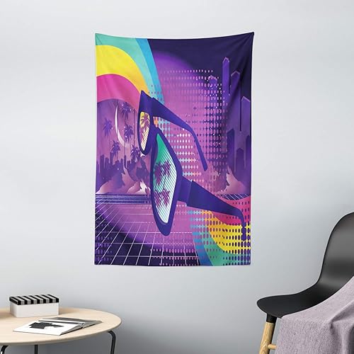 Miniatura 2 de Ambesonne Synthwave - Tapiz retro futurista con palmeras y rascacielos, arco iris y gafas, colgante de pared para dormitorio, sala de estar,