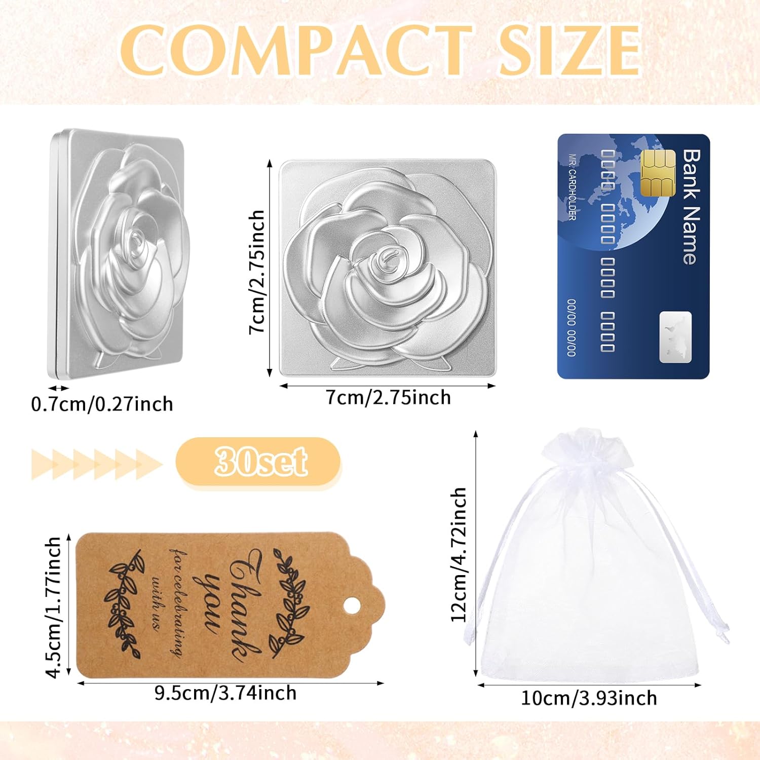 Soaoo 30 Set Rose Compact Mirror Bulk Quinceanera Party Favors for Guests Pocket Mirror with Thank You Tags and Organza Bag for Wedding Bachelorette Bridal Shower Party Souvenir Gifts(Rose Gold)
