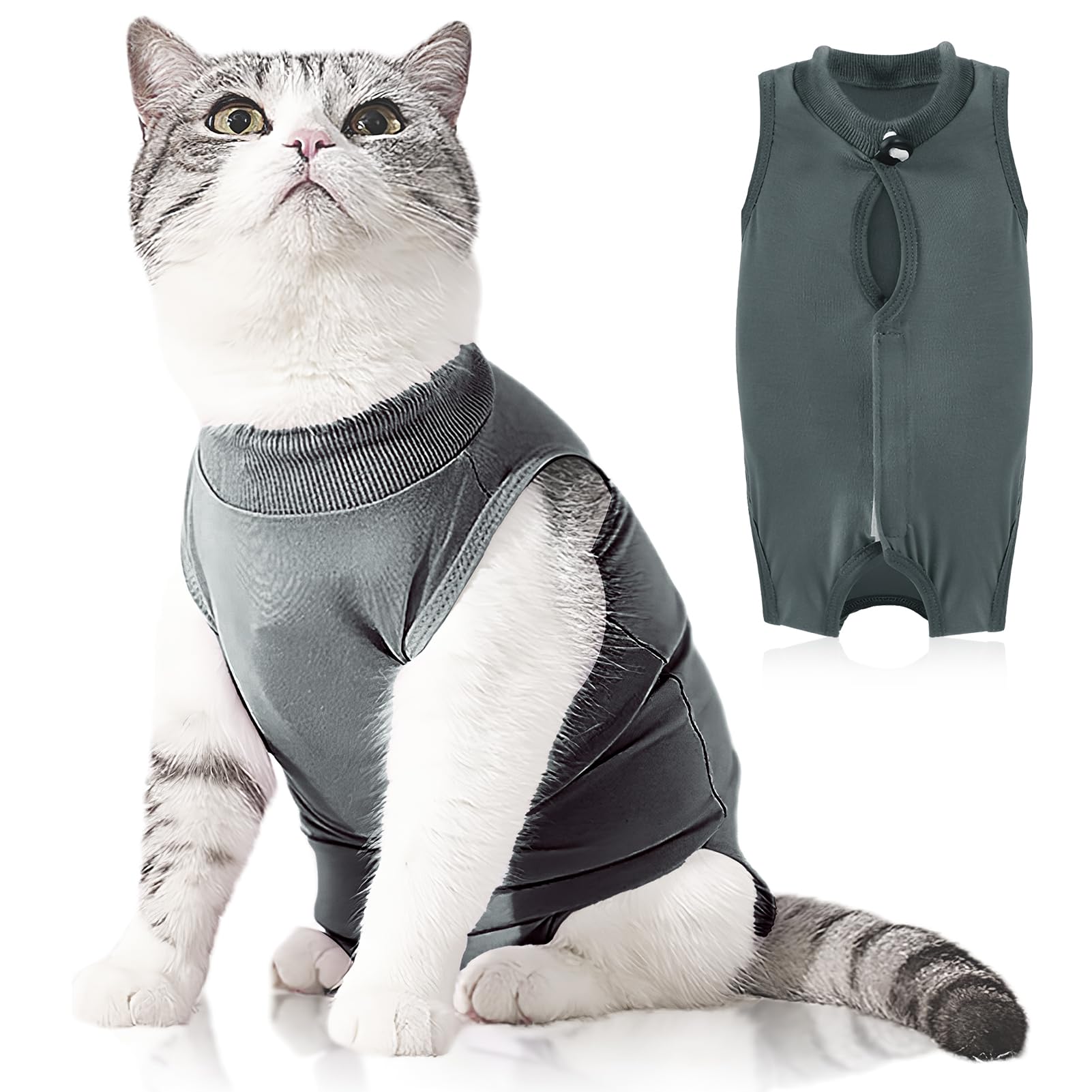 Plimbin Cat Recovery Suit Post Surgery Bodysuit for Cats Anti-Lick Pet Vest for Kitten Spaying Professional Recovery Suit for Abdominal Wounds or Skin Diseases (Grey