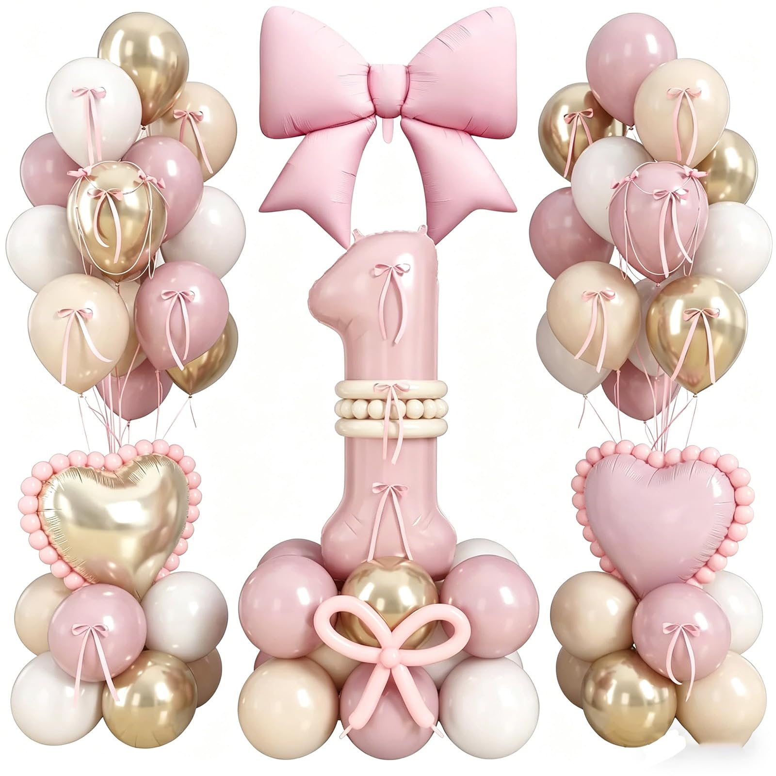 Pink Balloon Kit, 1st Birthday Decoration for Girls, 50pcs Blush Baby Pink Gold White Sand Latex Balloons with Bow Heart Foil Balloons for Birthday, Girls Baby Shower, Wedding, Engagement