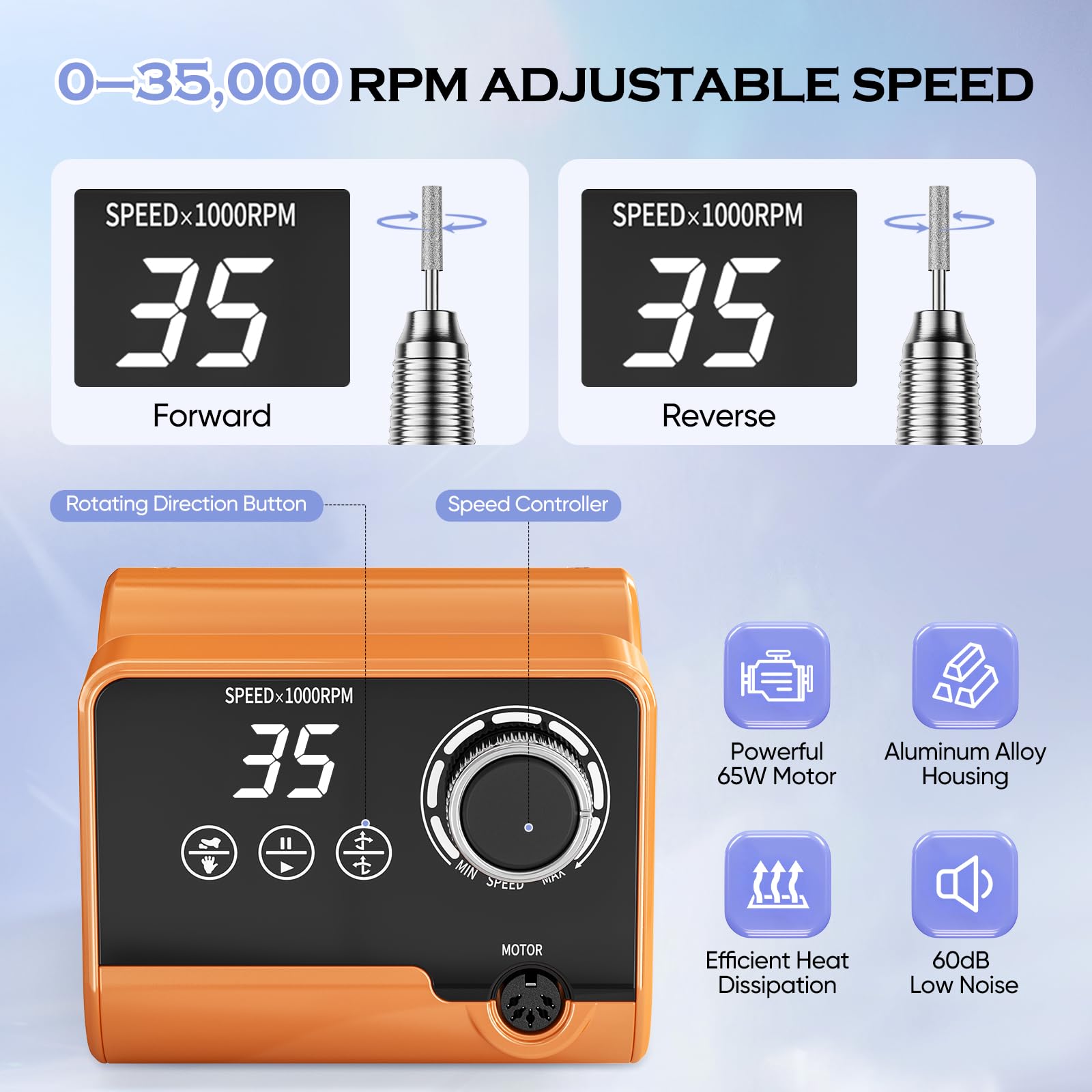 Professionelle Elektrische Nagelfräser, 35000 U/Min Maniküre Pediküre Set mit 6 Fräser, LED Display für Gelnägel und Acrylnägel, für den Heimgebrauch und Nagelstudios (Orange)