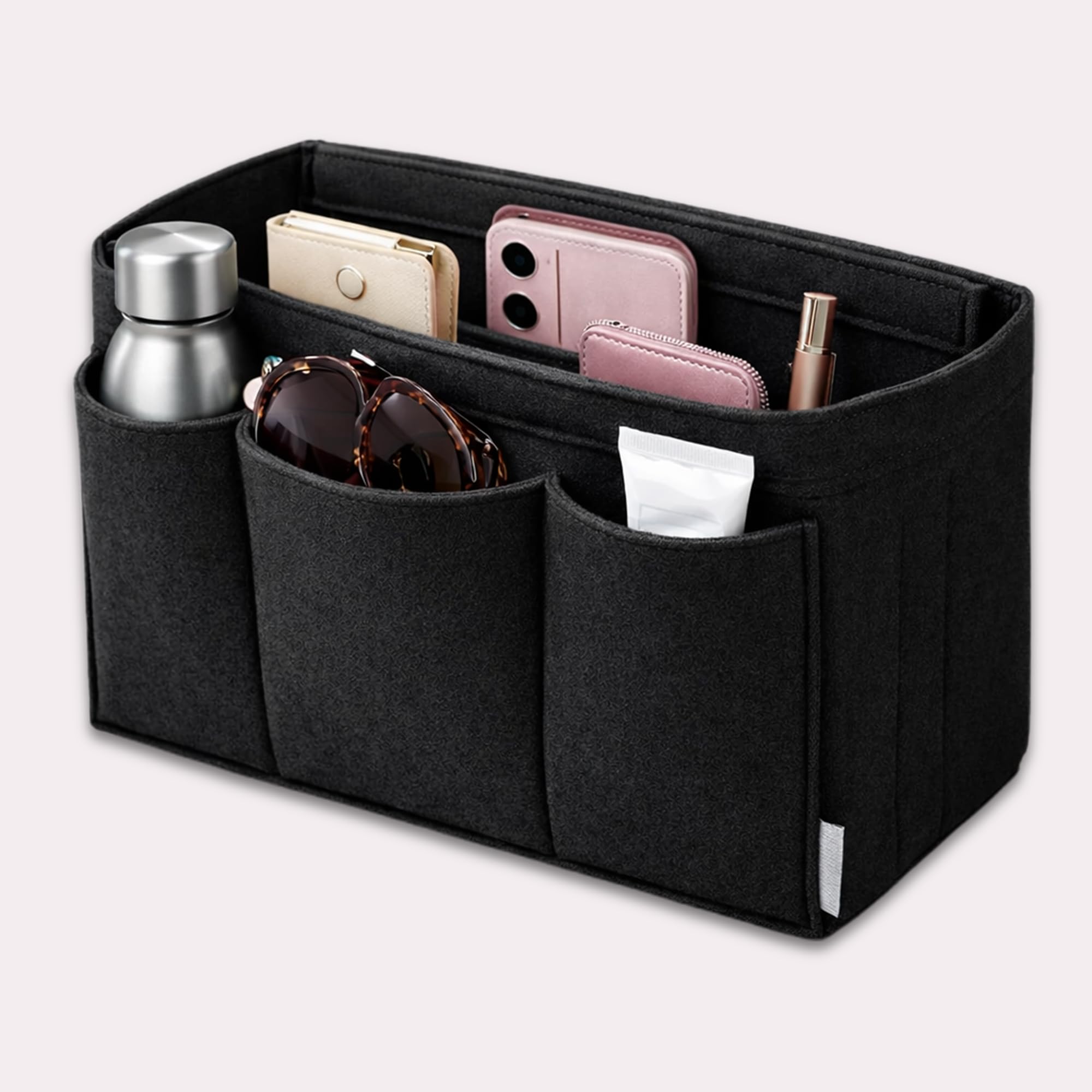SYUTAM Women Felt Purse Organizer Insert for Ladies Handbag,Shoulder Hobo Bag Multiple Storage Compartment with Detachable Zipper Cover-Black(13.8x3.35x5.9) inch(Slender L)-image-33