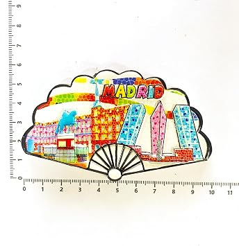 Madrid Cityscape Fan Magnet, Colorful Spanish Souvenir, Decorative Hand Fan Shape, 3D Design, 4x7 Inches