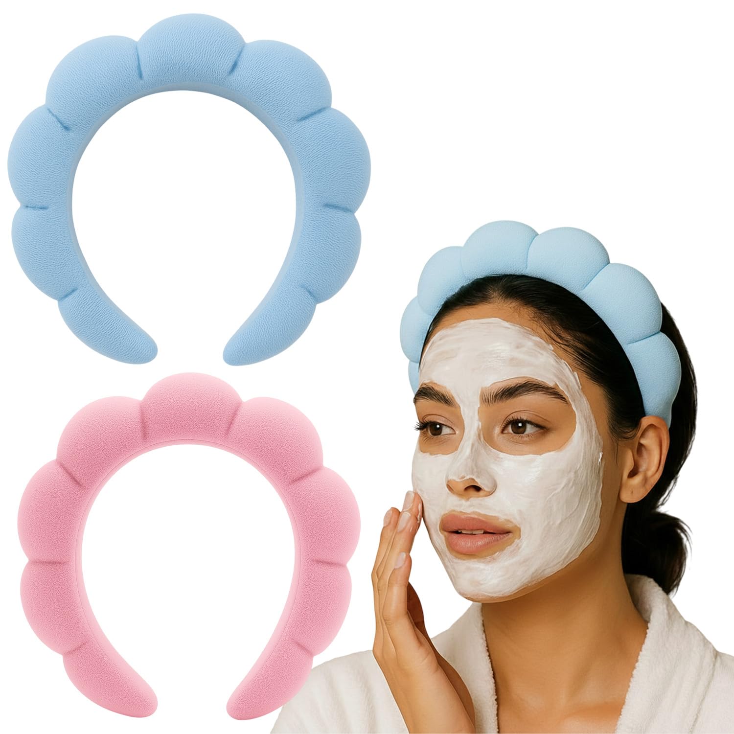 Pack of 2 Facial Spa Headband for Women & Girls | Soft Sponge Cloud Headband for Face Wash, Makeup & Skincare | Non-Slip Stretchable Hair Hoop | Cute Fashion Shower Headband (Blue & Pink)-image-16