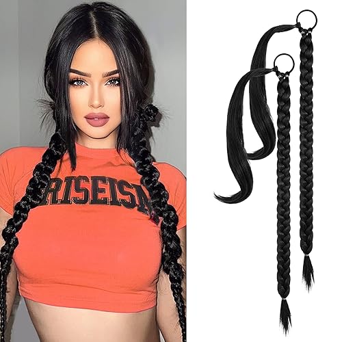 Miniatura 9 de YOGFIT 2 extensiones de cola de caballo trenzada, extensiones de cabello largo y recto envolvente, extensiones de cabello sintético suave natural