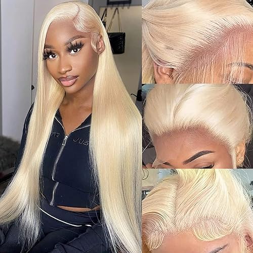 Alididi Pelucas de cabello humano rubio 613 con encaje frontal de 13 x 4, densidad del 150%, peluca de cabello humano lacio prearrancado con cabello
