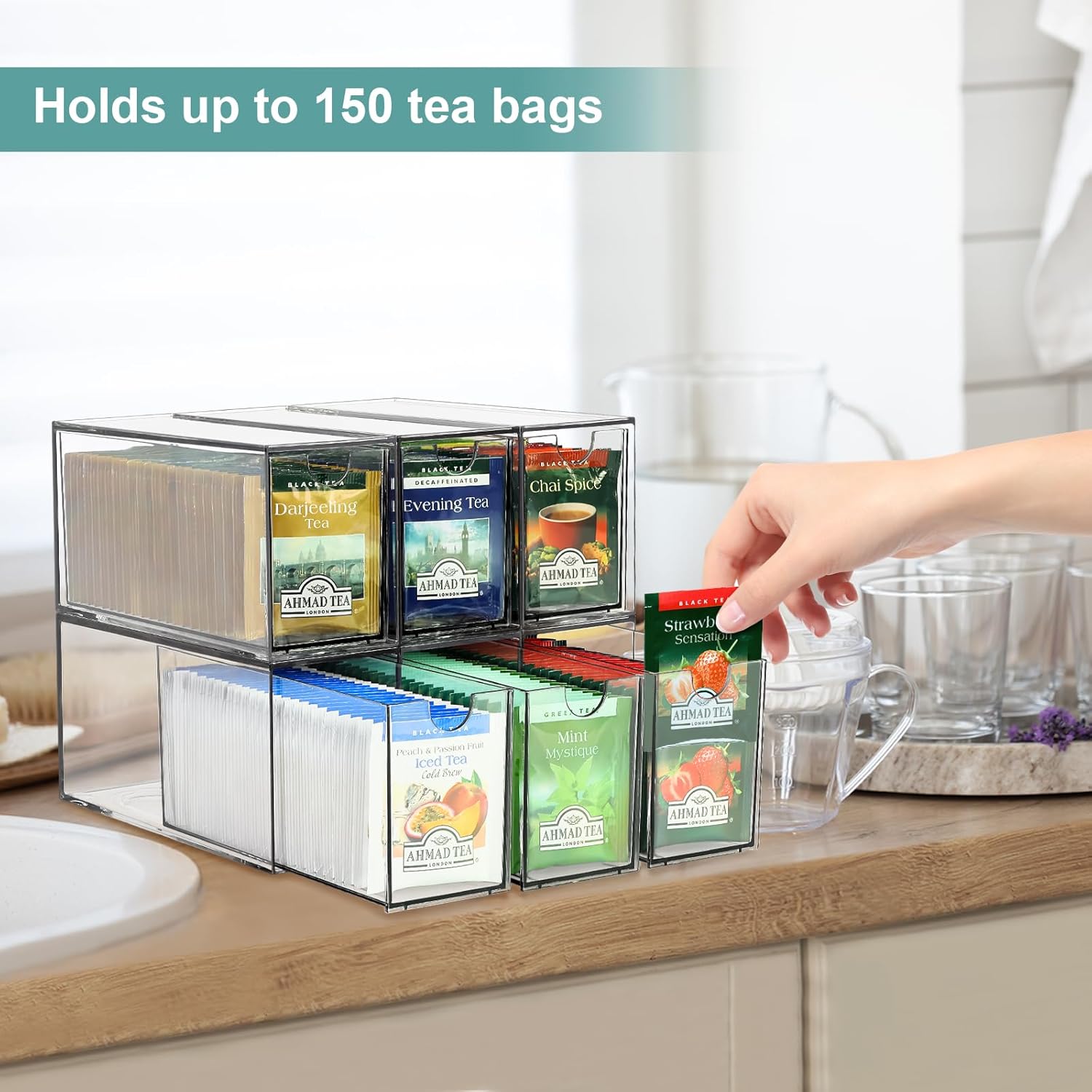 6 Tea Bag Organizer and Storage, Acrylic Tea Bag Holder Organizer, Plastic Tea Drawer Container for Cabinet