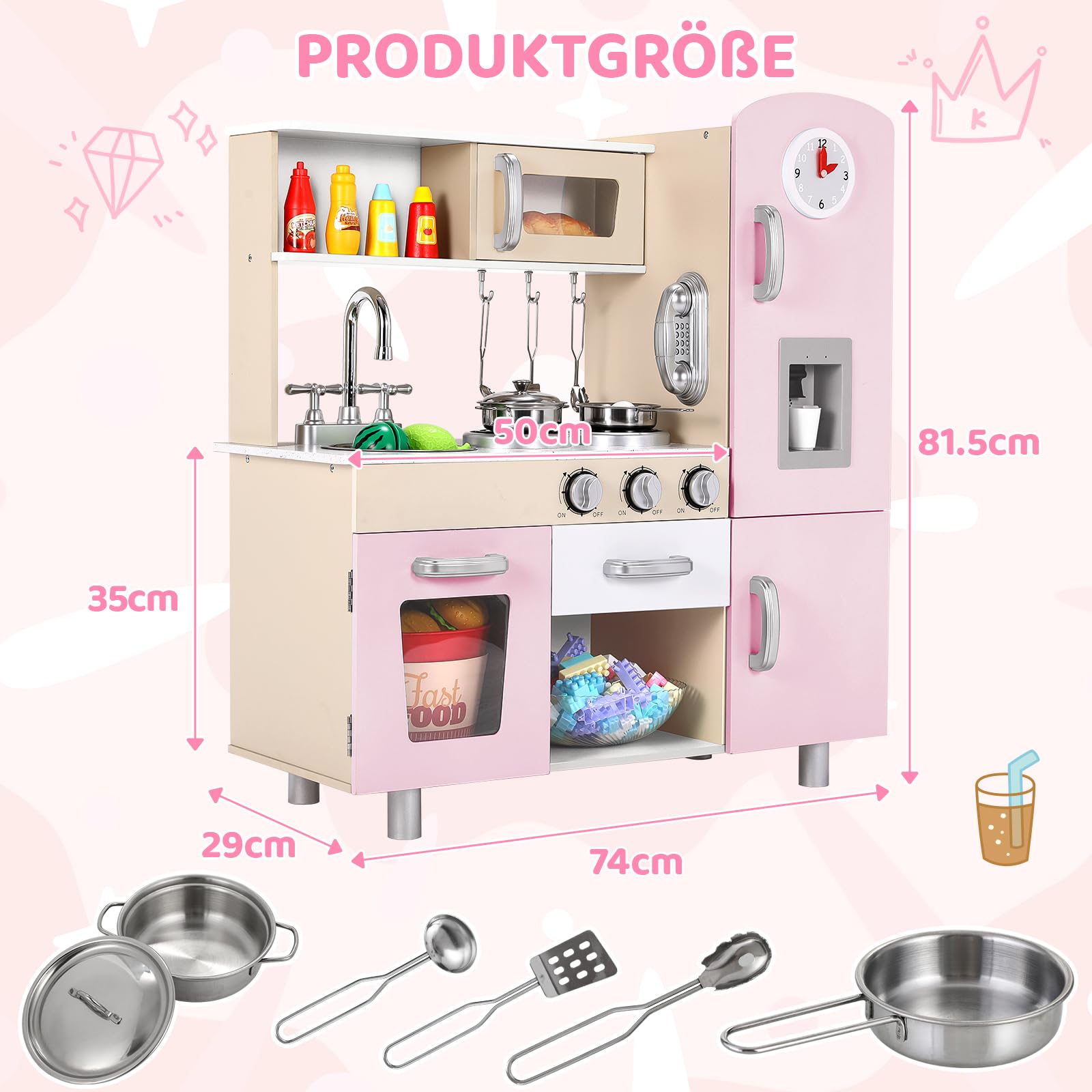 MAMIZOCucina Giocattolo per Bambini, Cucina Legno con Effetti Simulati di Luce e Suono, Dotata di Accessori da Cucina, Cucina per Bambini in Legno 81x74x30 cm, Rosa