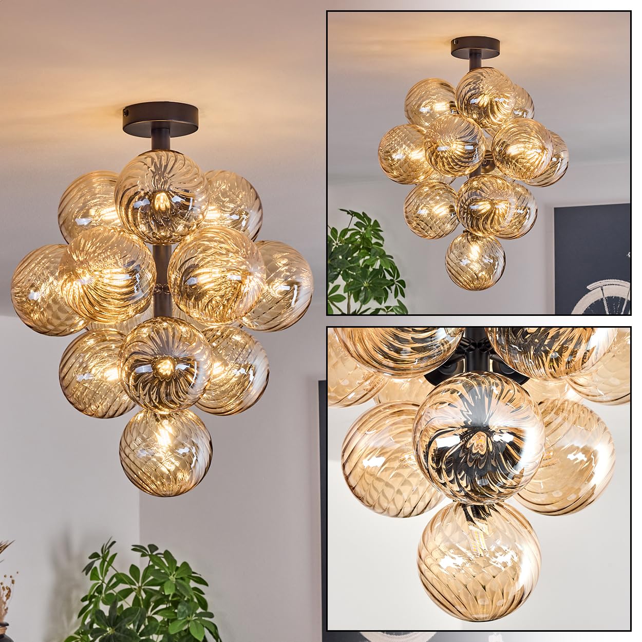 HOFSTEIN Ceiling Light Chehalis, 13-Burner Ceiling lamp Made of Metal/Fluted Glass in Black/Amber, luminaire in Retro/Vintage Design (Shades Ø 12 cm), G9, Dining Room, Living Room, Bedroom, Kitchen